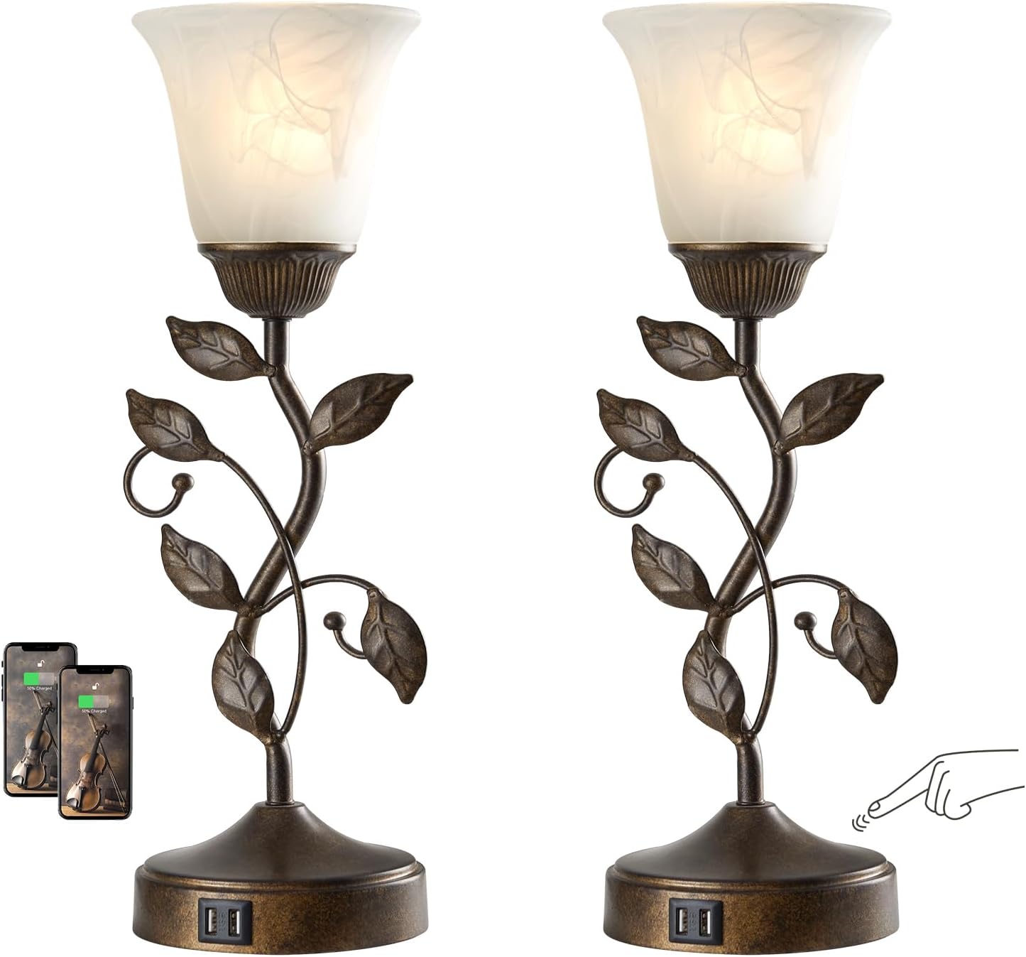 Set of 2 Touch Farmhouse Bedroom Table Lamps, Nightstand Vintage Flower Lamps with 2 USB Ports, 3 Way Dimmable Leaf Lamp for Living Room…