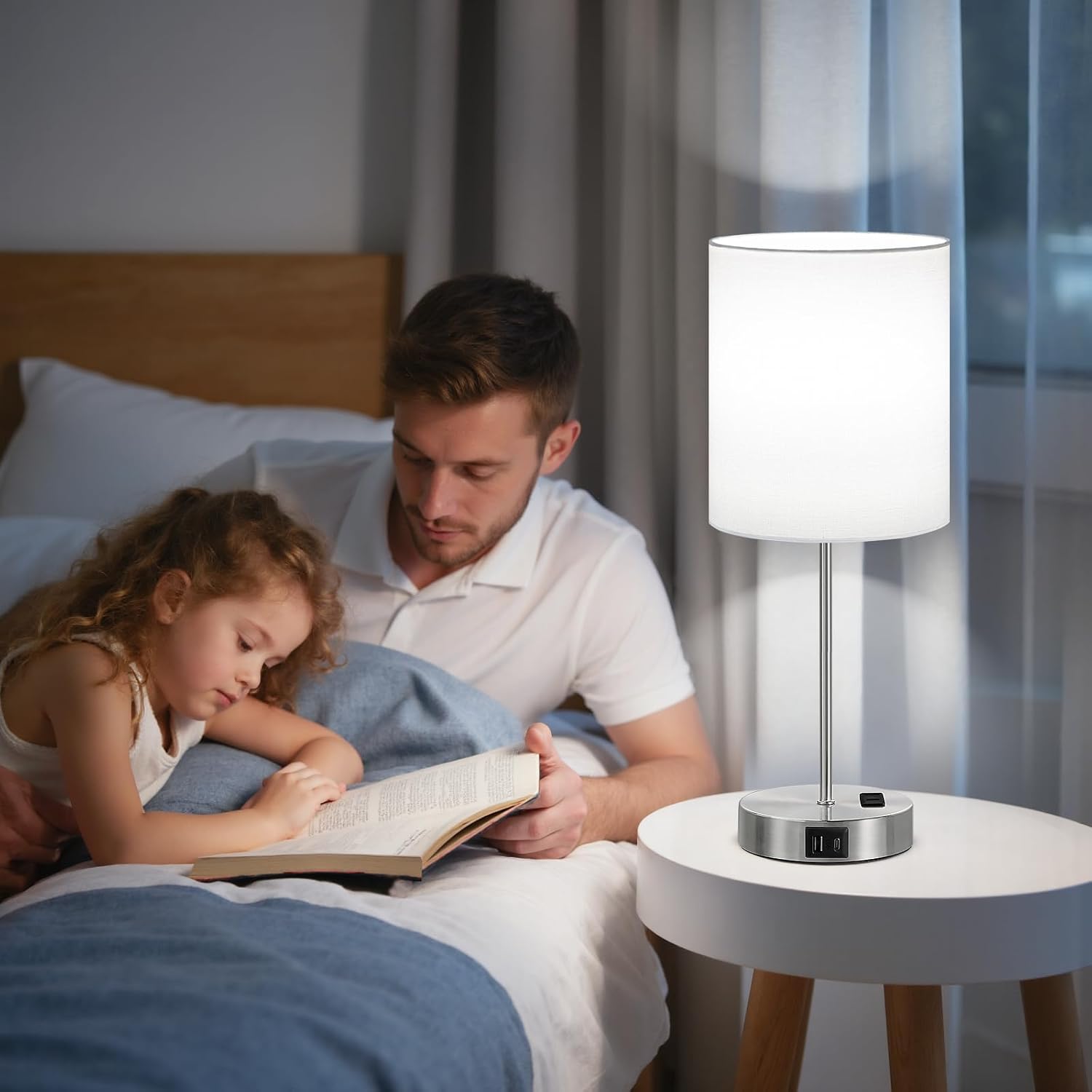 Fenmzeelighting White Touch Lamps for Nightstand Set of 2 - Bedside Table Lamp for Bedroom with Dual USB Ports & AC Outlet, 3-Way Dimmable…