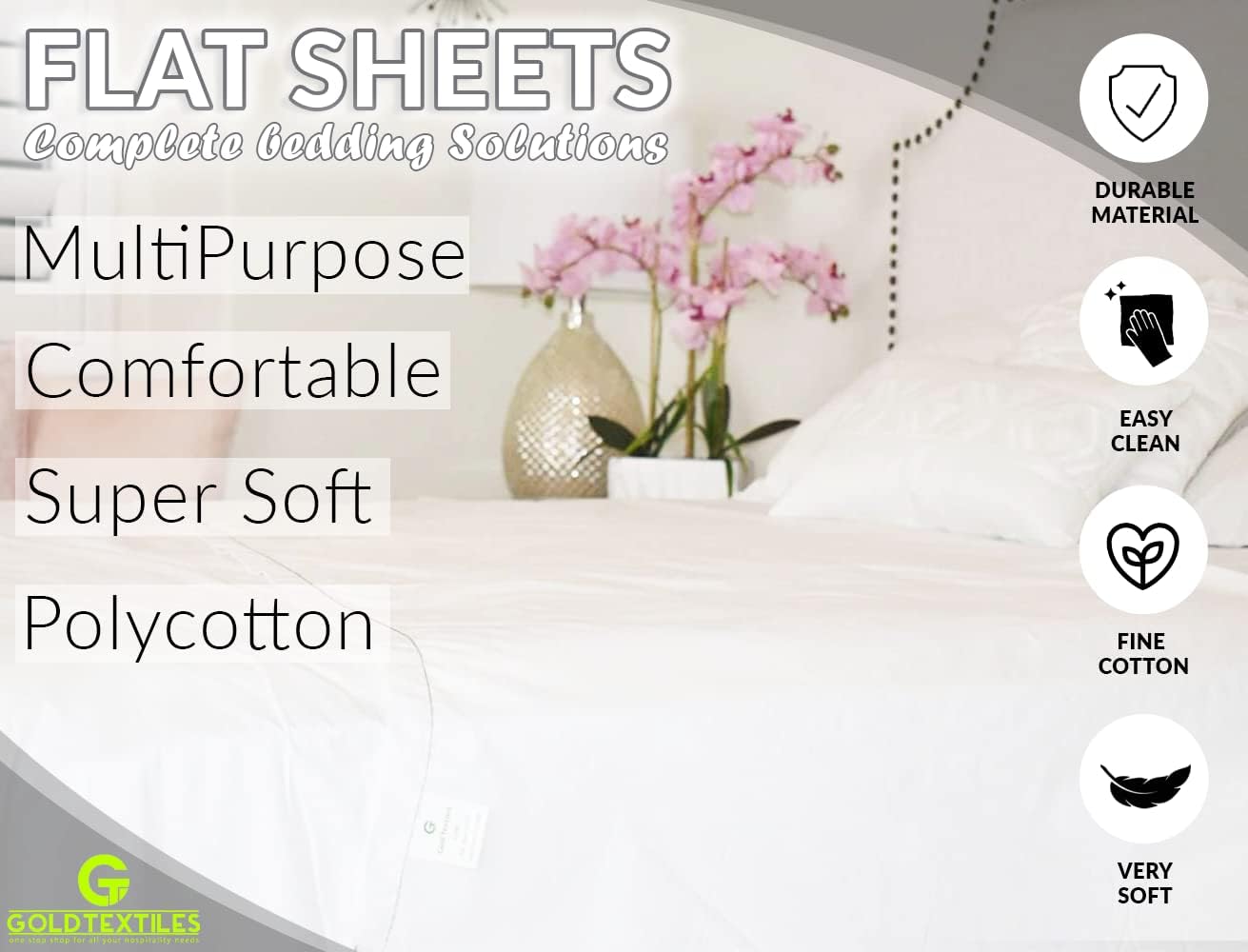 Goldtextiles Twin Flat Sheet Pack of 12 Bulk (66 x 108 Inches) White Polycotton T-200 Percale Weave - Top Bed Sheet for Home Bedding, Hospi…