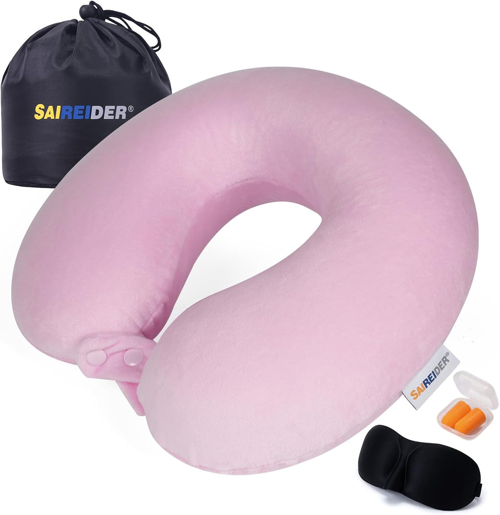 Saireider Travel Neck Pillow 100% Memory Foam, Airplane Rest help reduce Head from Falling Forward, Plane Accessories with Storage Bag…