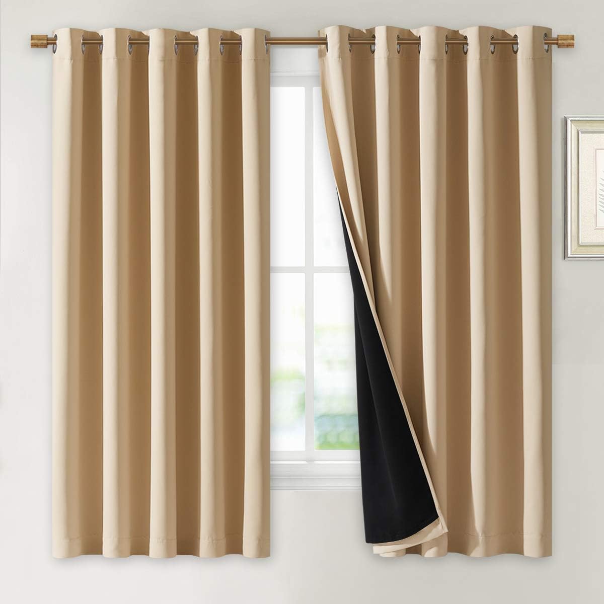 Nicetown Bedroom Full Blackout Curtain Panels, Super Thick Insulated Window Covers, Complete Blackout Draperies with Black Liner for Short…