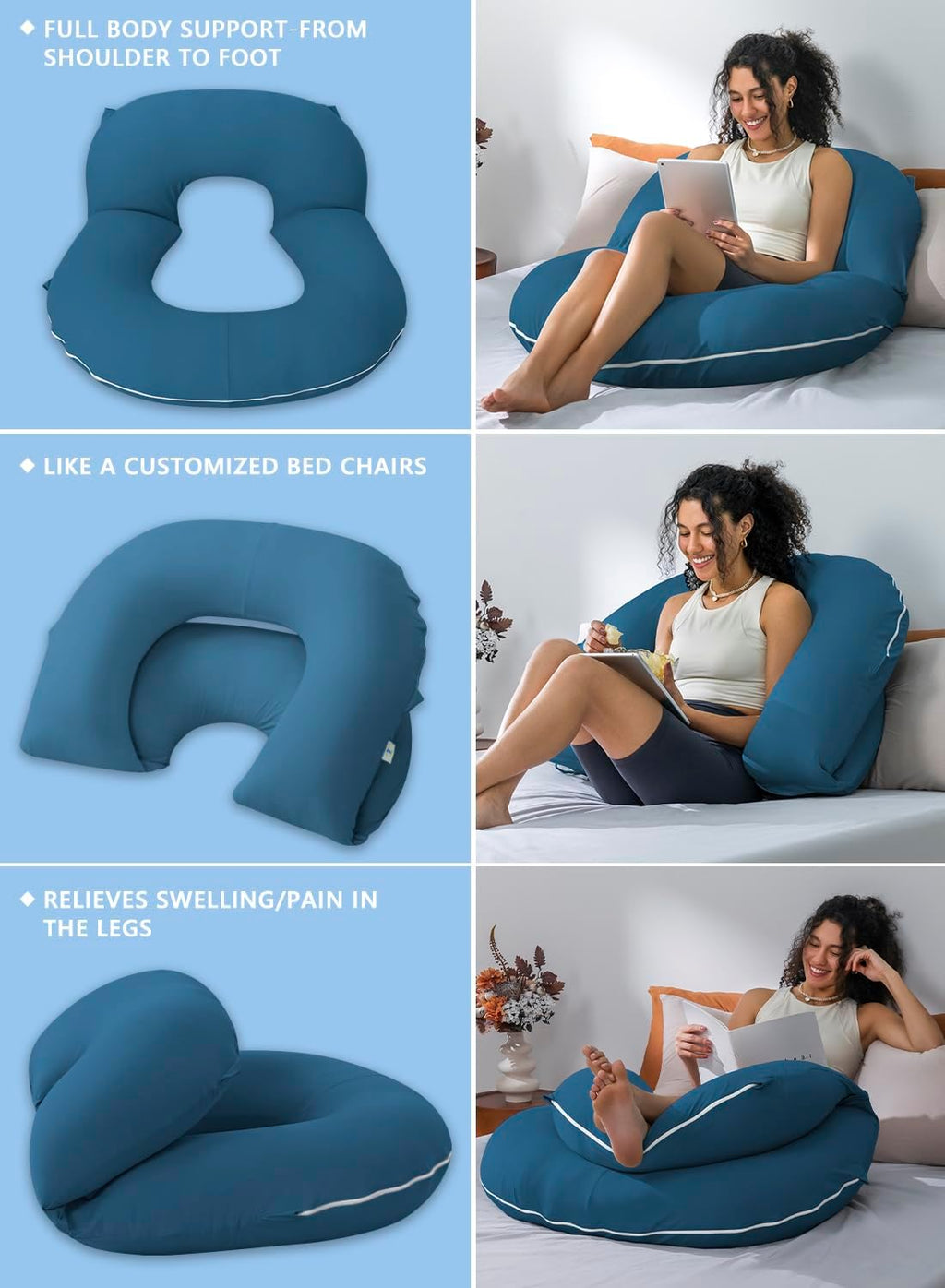 Insen Reading Pillow, Back Pillow for Sitting in Bed and Couch, Gaming Pillow for Adults, Sit Up Support for Bed, Soft Jersey Cotton, Blue…