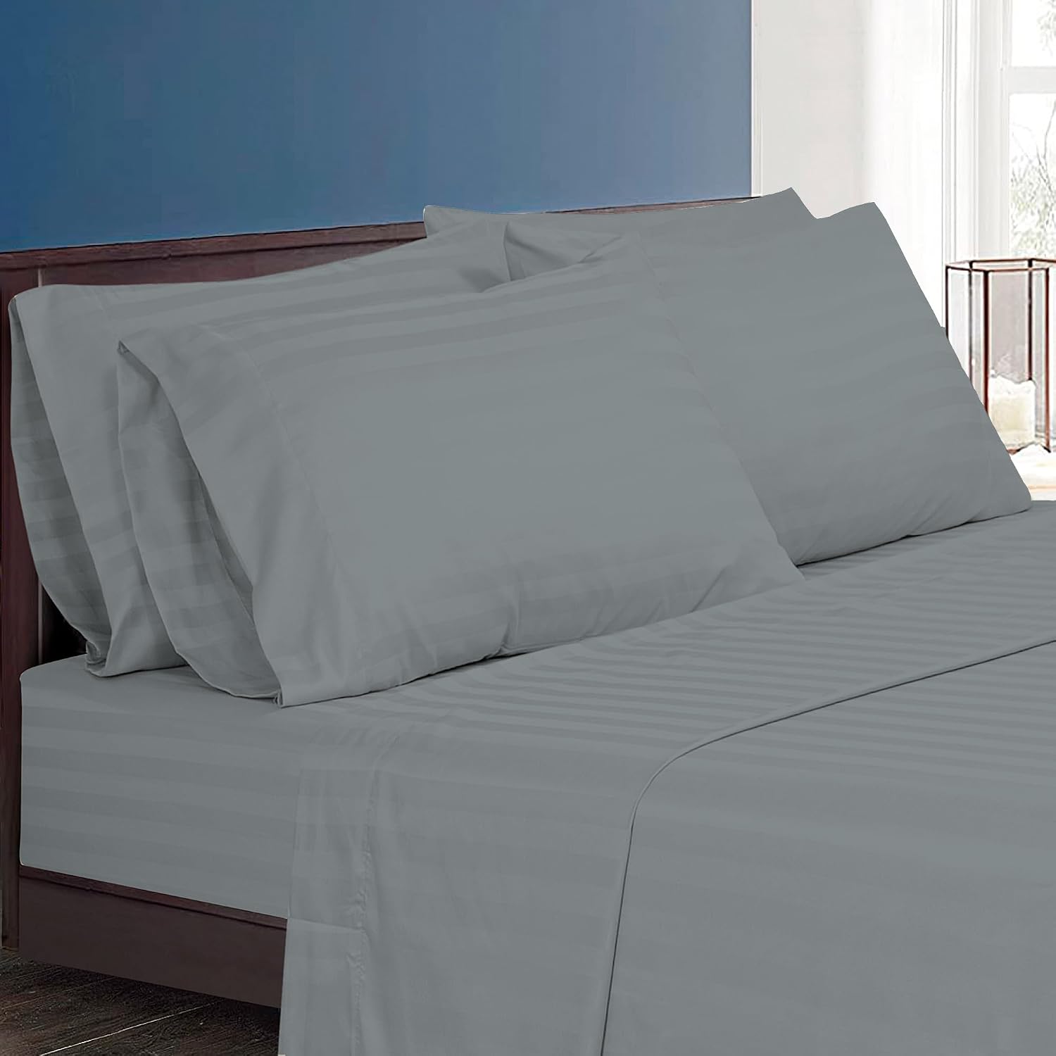 Royalelinens ROYALE LINENS 1500 Thread Count Sateen Dobby Stripe Poly/Cotton Sheet Set - 6 Piece King Bed Sheets - 1 Fitted, 1 Flat, 4 Pill…