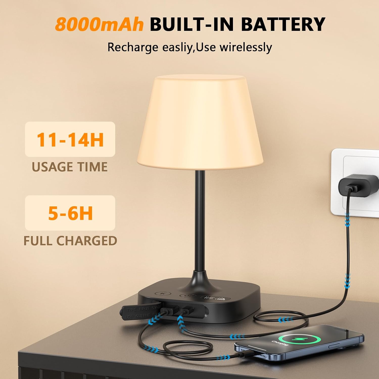 Table Lamp - 8000mAh Cordless Rechargeable Battery and Dimmable LED Display Touch Lamp for Patio Bedroom (Black, 1 Pack)