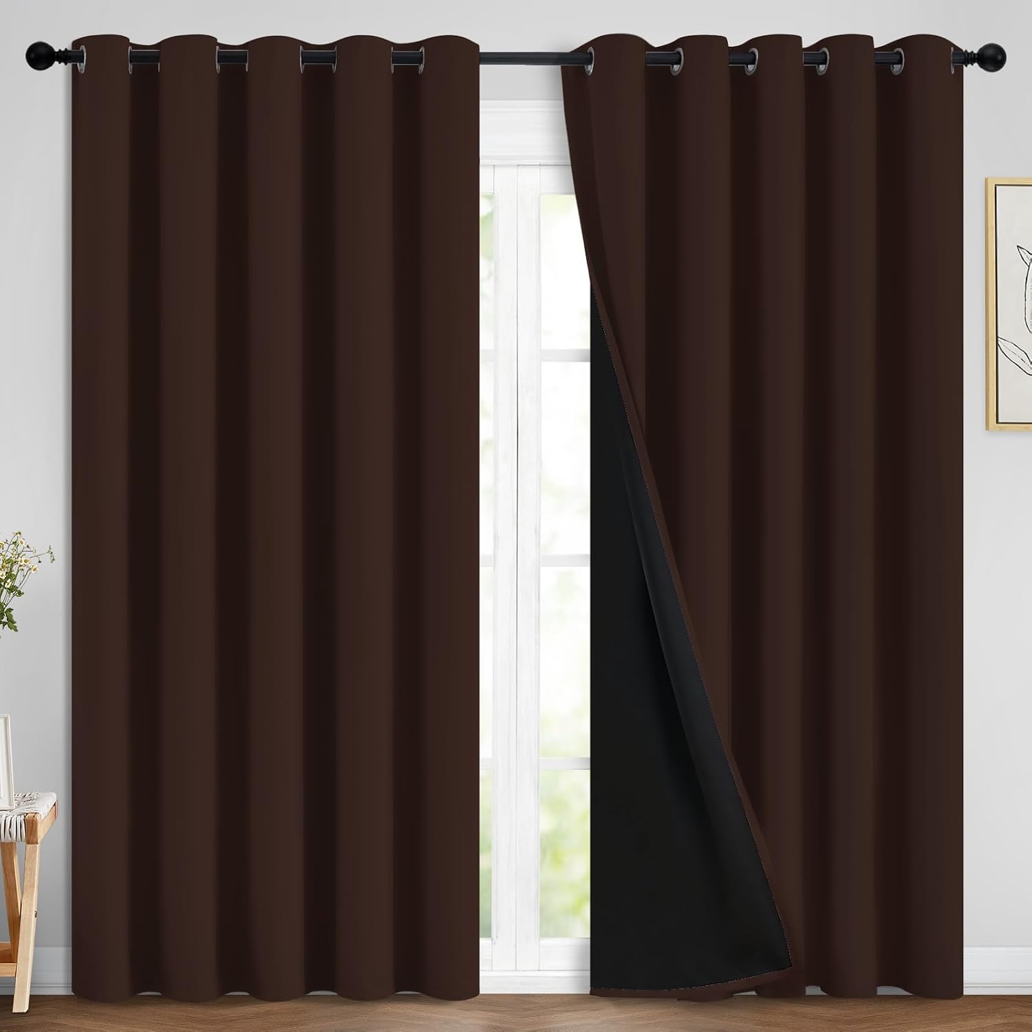 Yakamok 100% Blackout Curtains for Bedroom, 2 Thick Layers Thermal Insulated Grommet Total Blackout Drapes with Black Liner for Living Room…