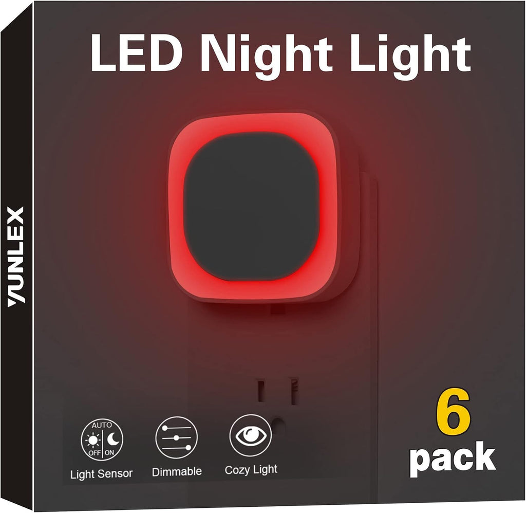 Yunlex 6 Pack Red Night Light with Dusk to Dawn Sensor, Eye-comfort Reflected Glow, 0% Blue Light True Red LED, 3-Level Brightness, Auto…