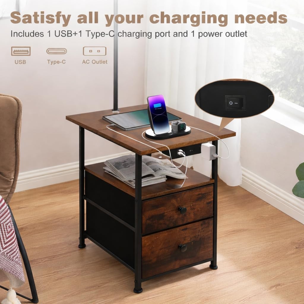 PESRAE Floor Lamp with Table & 2 Drawers, End Table with 3 Color Temperature Reading Light, Side Table Lamp with USB & Type C & AC…