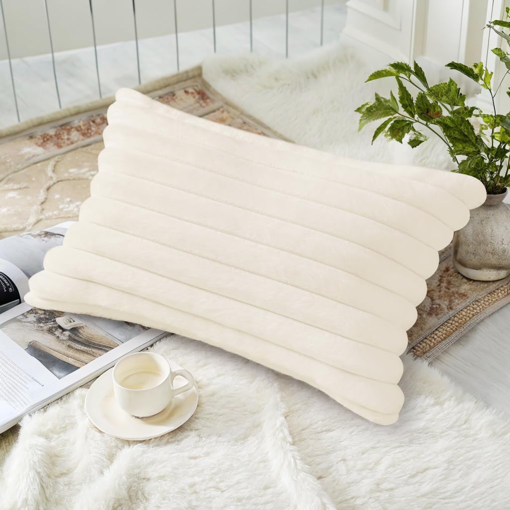 decorUhome Summer Cozy Faux Fur Throw Pillow Covers 12x20 Set of 2 Decorative Soft Plush Striped Lumbar Modern Farmhouse Boho Couch Pillow…