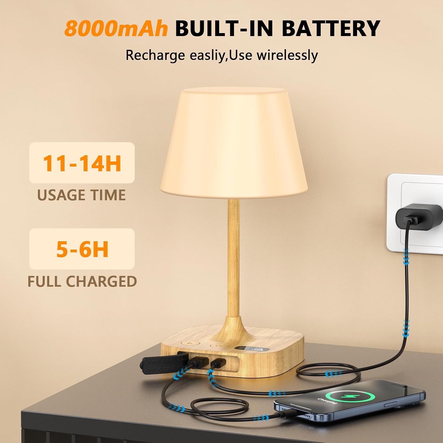 Table Lamp - 8000mAh Cordless Rechargeable Battery and Dimmable LED Display Touch Lamp for Patio Bedroom (Wood Grain, 1 Pack)