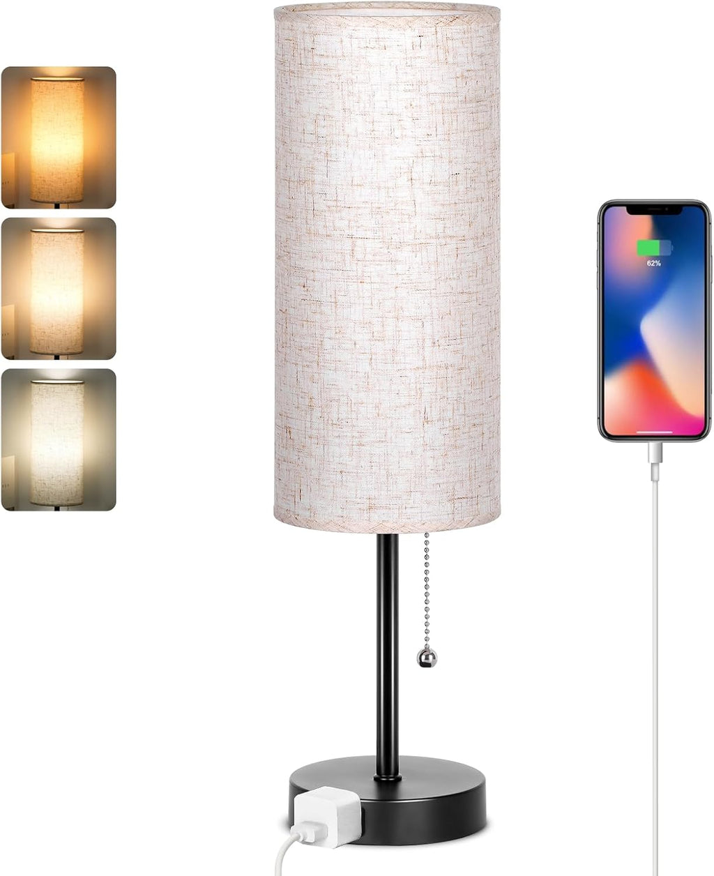 Dott Arts 18" Table Lamp for Bedroom, 3-Color Bedside Lamps with Pull Chain, Bedroom Table Lamps for Nightstand, AC Outlet Small Lamp for…