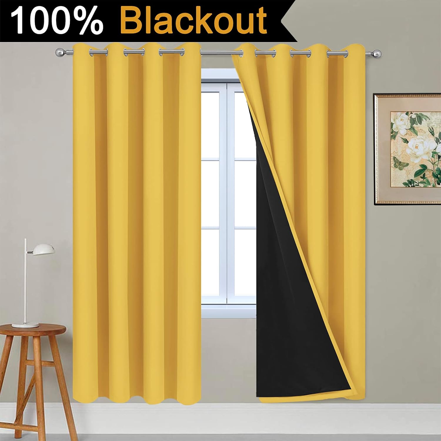 Yakamok Thermal Insulated Full Blackout Curtains 72 Inches Long, Double Layer Full Room Darkening Noise Reducing Grommet Curtains for Bedro…