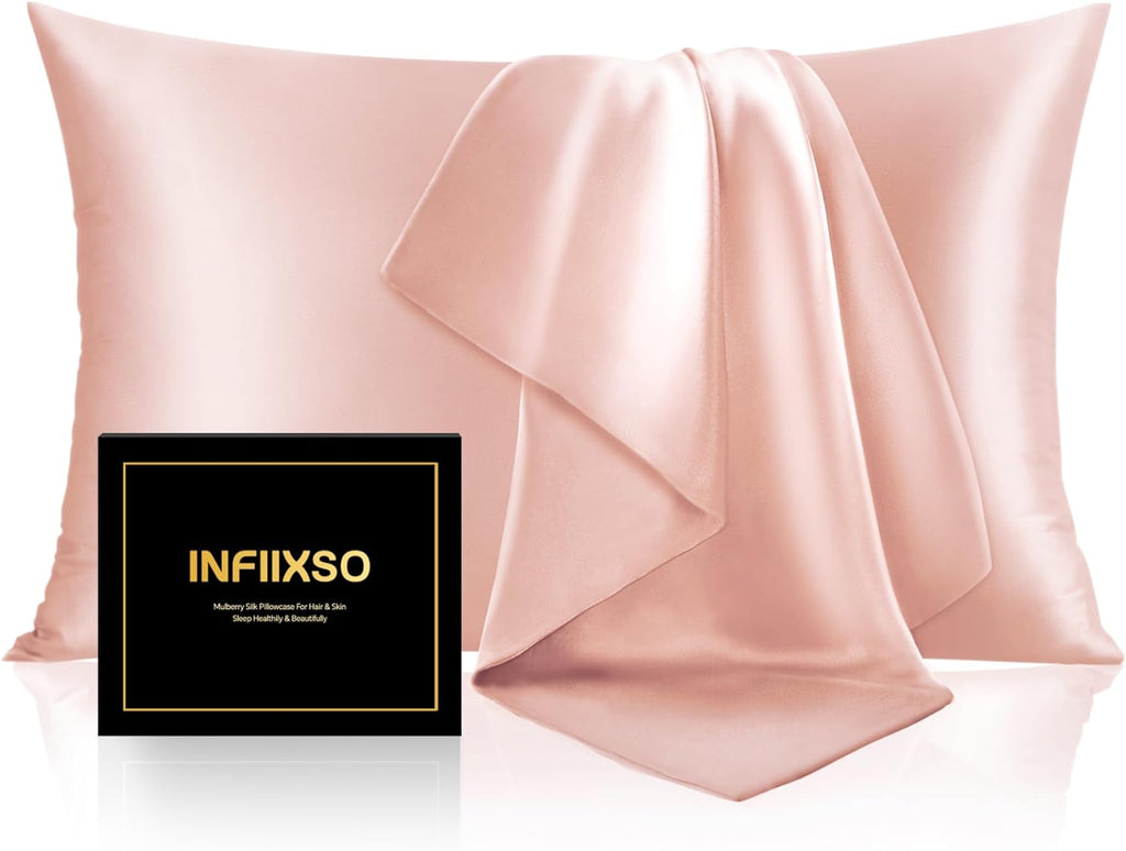 Infiixso Silk Pillow Cases 2 Pack Standard Size, Ultra Smooth & Soft Mulberry Silk Pillow Case for Hair and Skin, Breathable Cooling Silk P…