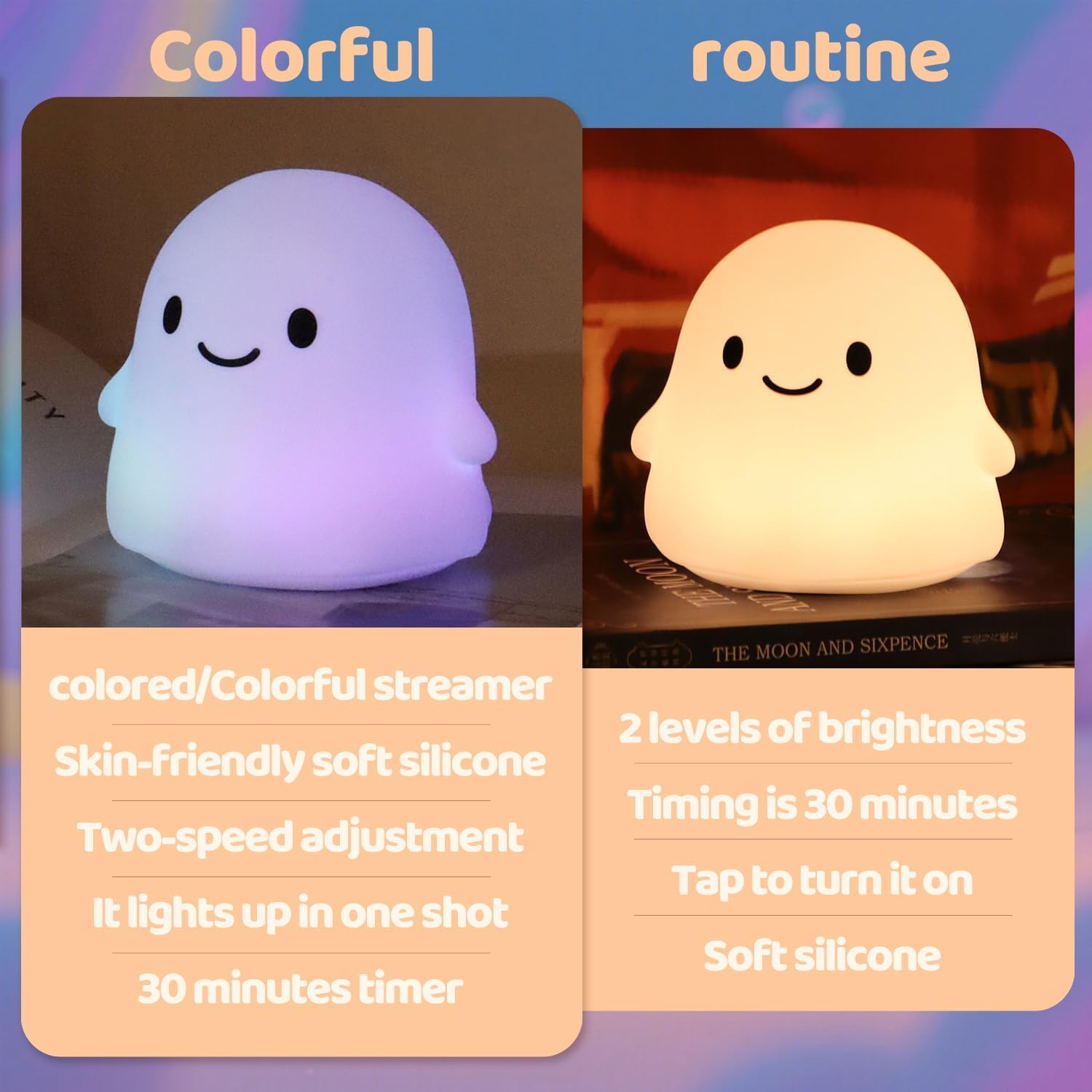 Rytinazzz Halloween Ghost Night Light, 50-Hour Battery & Pat Control, Cute Squishy Lamp for Kids Room Decor, USB Rechargeable with Timer…