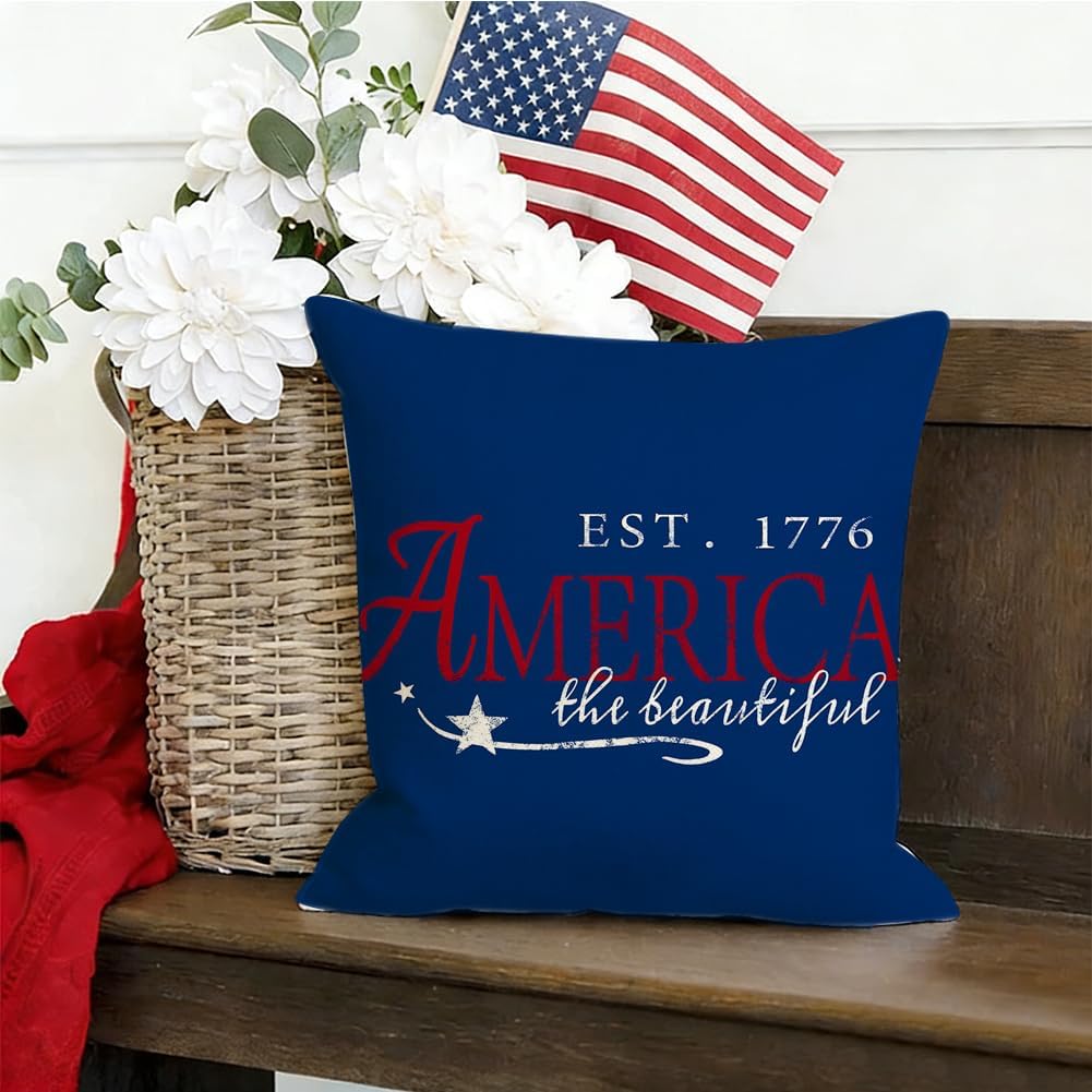 Rabusofa 4th of July Throw Pillow Covers 18x18 Inch, Patriotic Signs Red White and Blue Memorial Day Independence Day Fourth of July Outdoor…