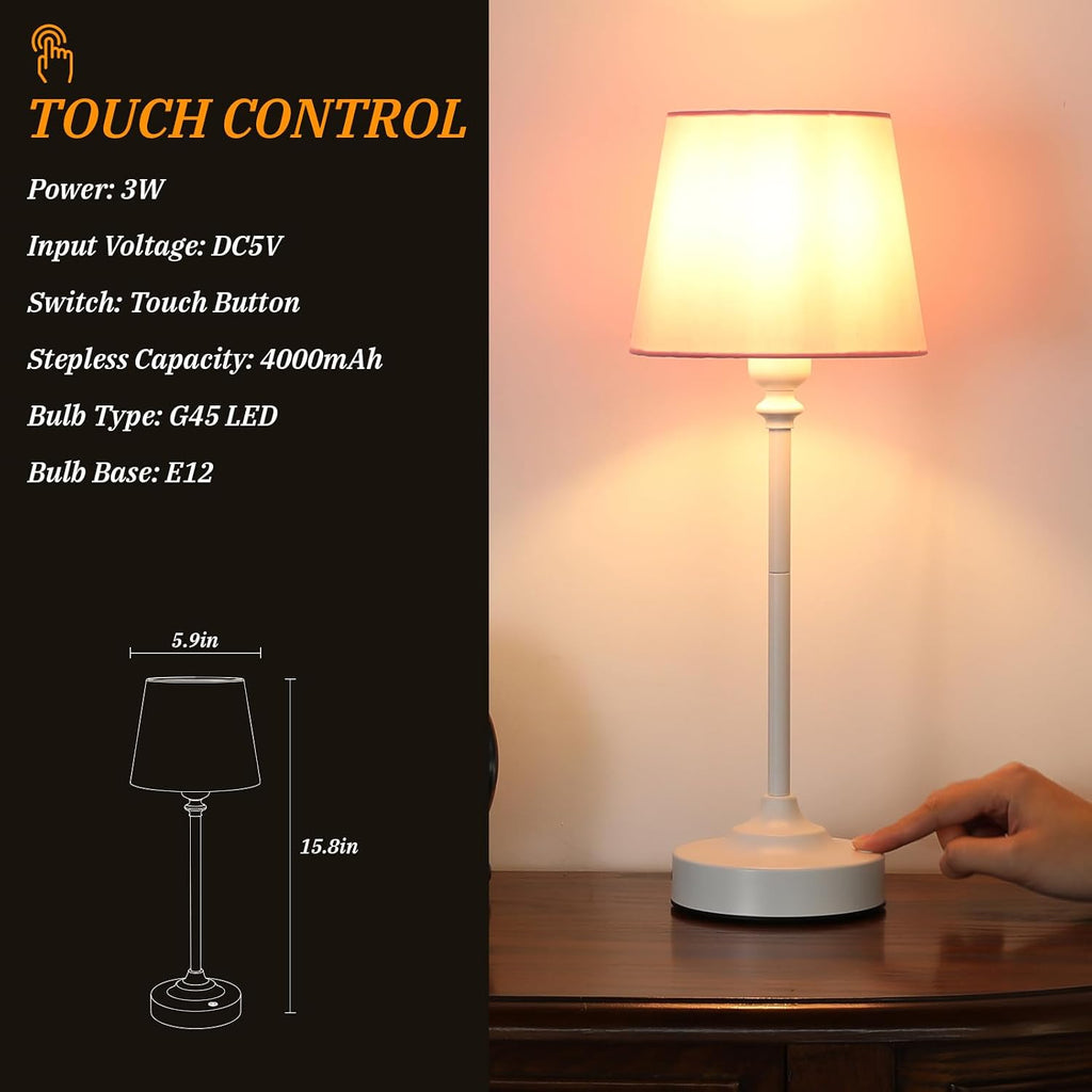 Cordless Table Lamps Rechargeable Set - 2 Pack White 4000mAH Battery Operated Lamps for Decor, 3000K Stepless Dimming Touch Control…