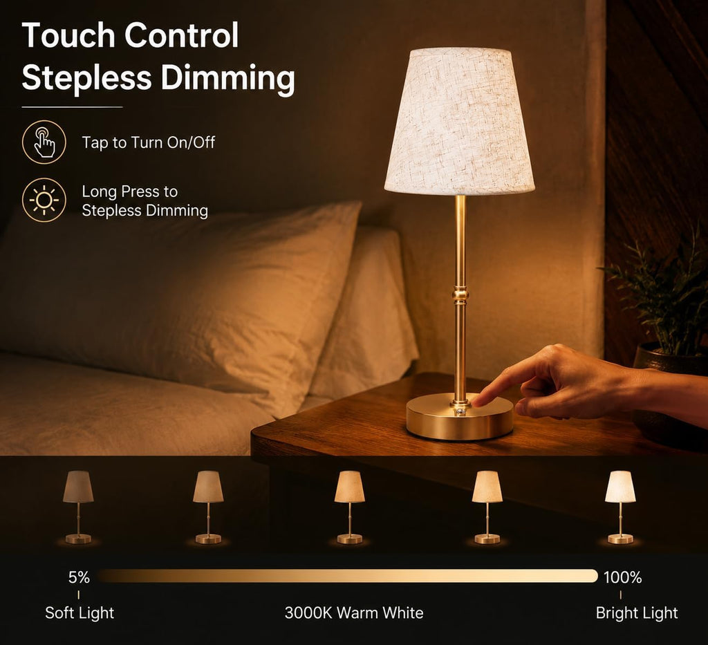 Cordless LED Table Lamp, 6000mAh Rechargeable Battery Operated Desk Lamp, 3-Level Dimming Metal Portable Nightlight for Restaurant…