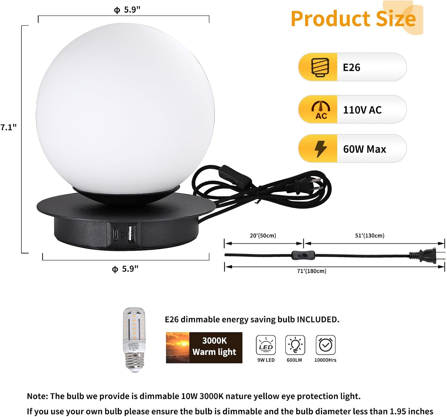 Touch Bedside Table Lamp, Matte Black Modern Small Nightstand Lamp for Bedroom Living Room Kids Room, Milky White Globe Glass Desk Lamp…