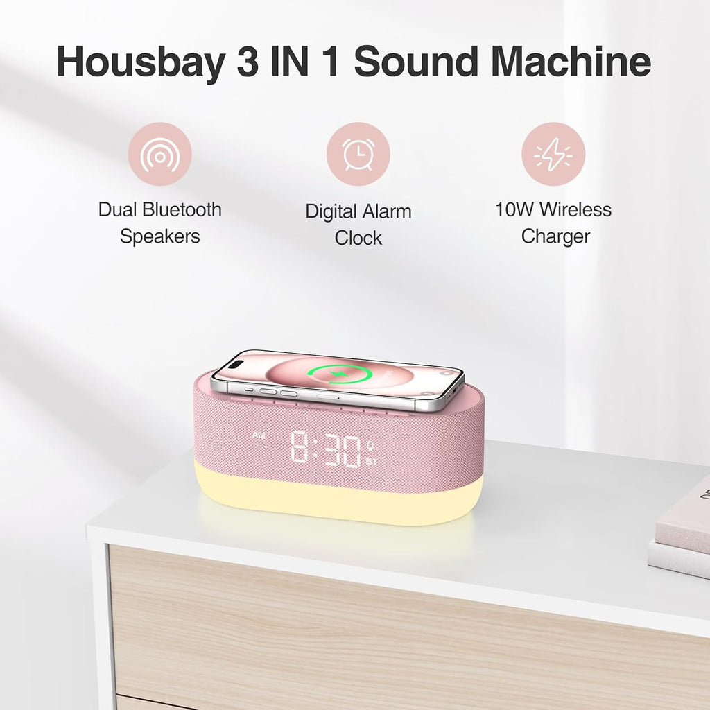 HOUSBAY Sound Machine with Alarm Clock for Bedrooms, Dual Speakers, 21 HiFi Sounds, 10W Wireless Charger, Unlimited Sound, Bluetooth, 10…
