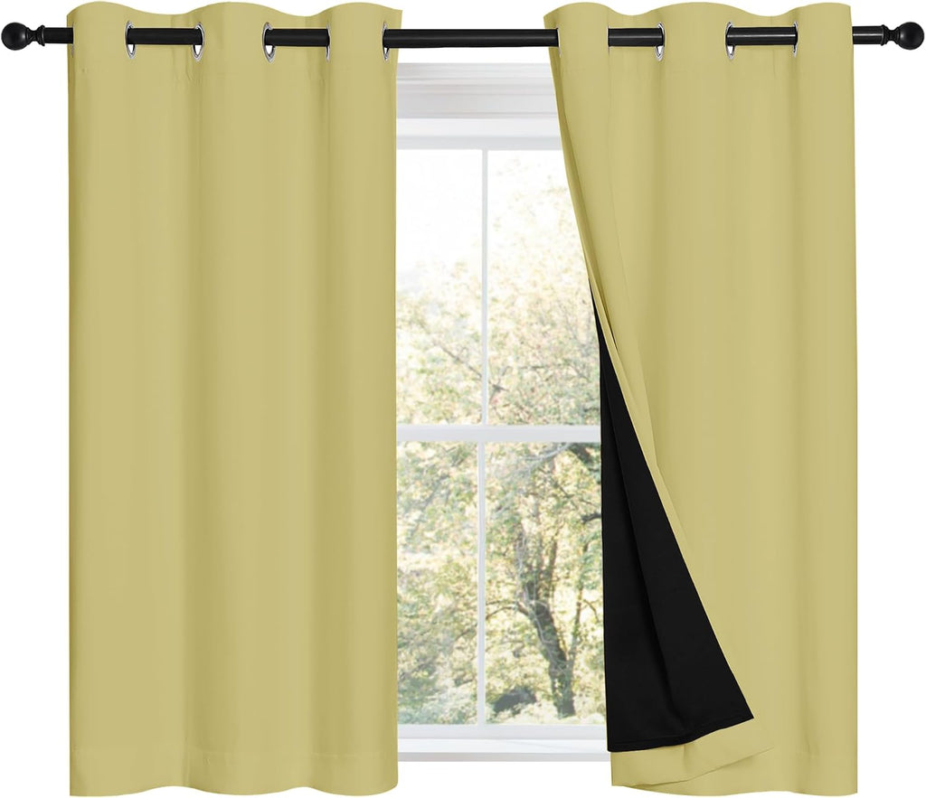 Nicetown 100% Blackout Short Curtains with Black Liners, 2 Panels, 37"W by 40"L, Paler Yellow, Solid Thermal Insulated Full Blackout 2-Laye…