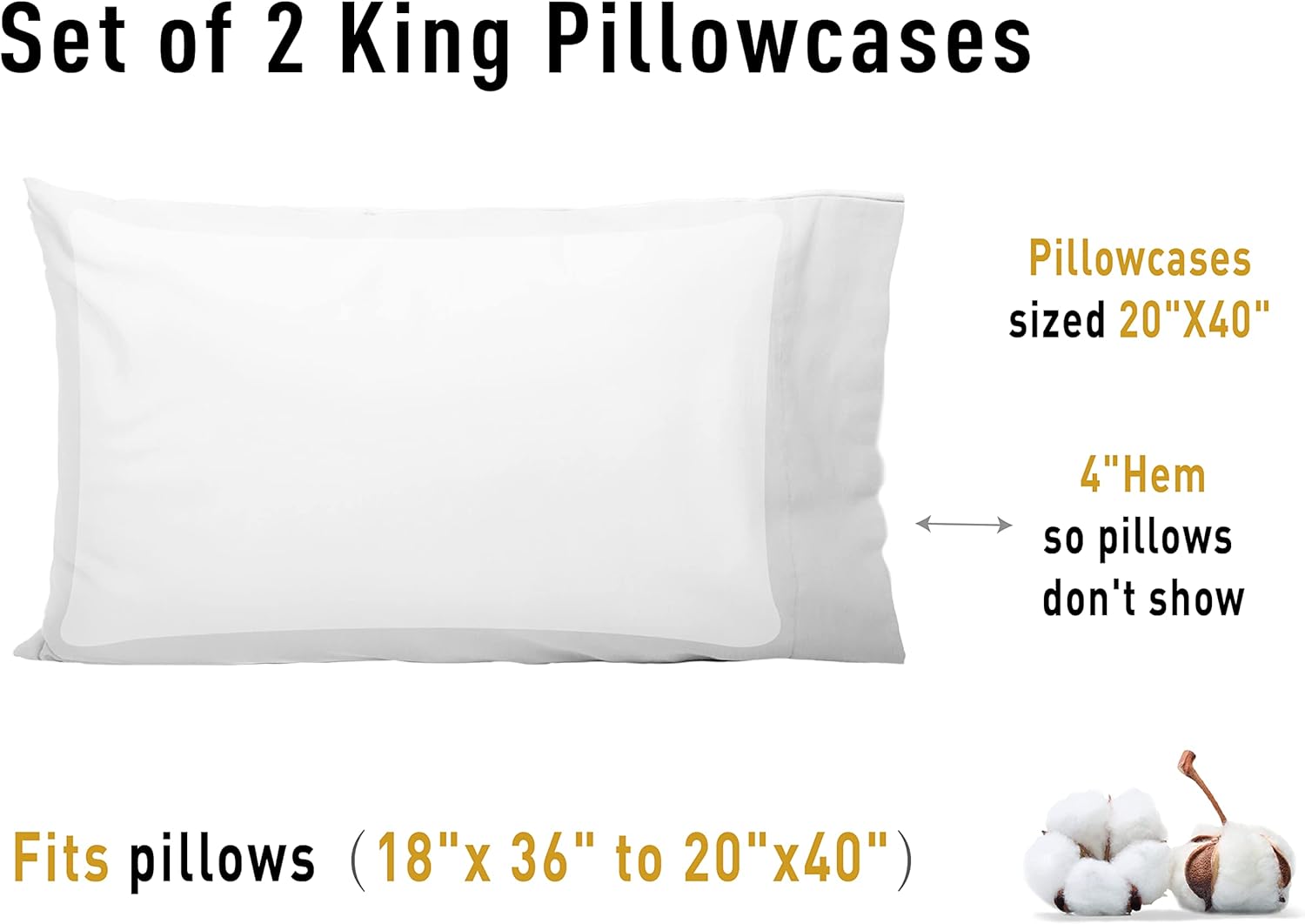 Sunflower King Pillowcases Set of 2, 100% Cotton King Pillow Cases 2, 20×40 inches Bright White, Soft and Breathable
