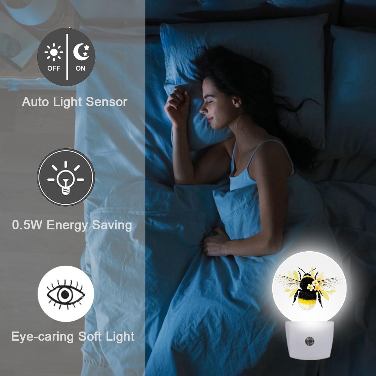 Yellow Bee Flower Night Light Plug Into Wall Auto Led Sleep Round Lamp for Living Room Hallway Stairs