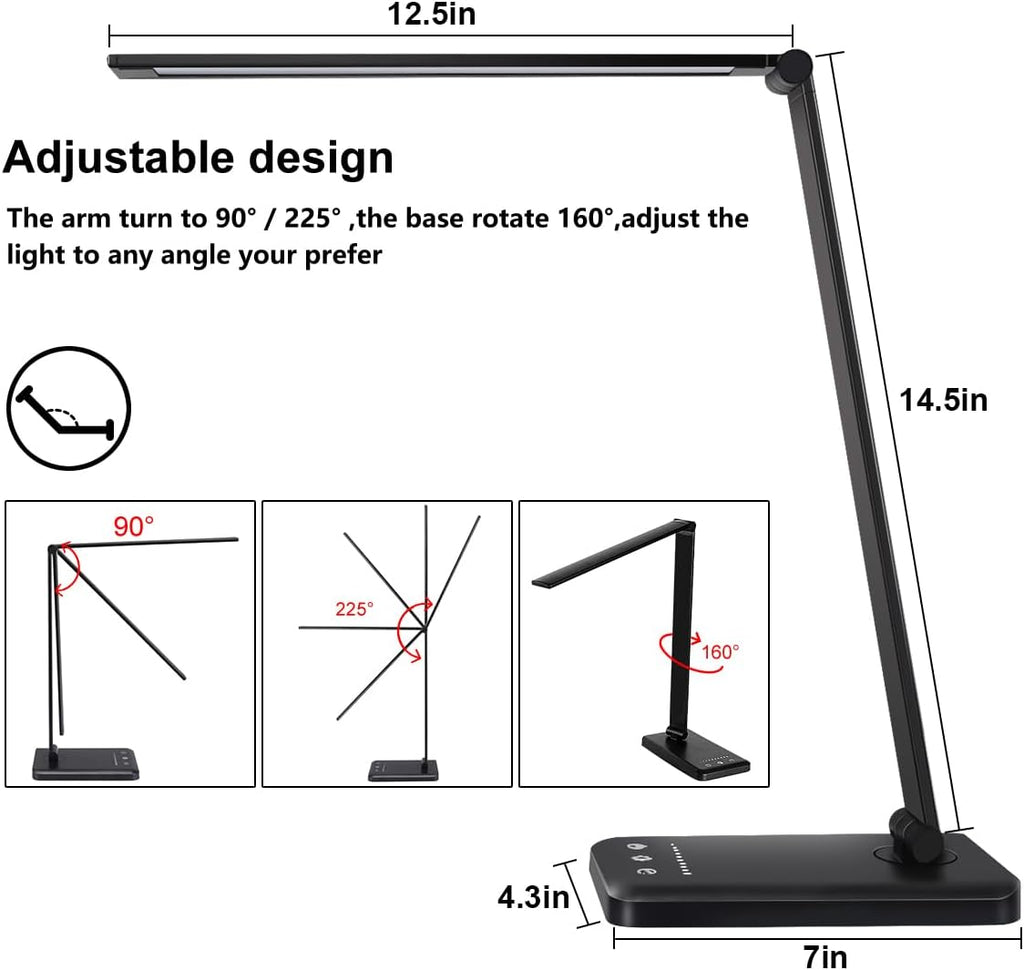 WhiteCrown White crown LED Desk Lamp Dimmable Table Lamp Reading Lamp with USB Charging Port, 5 Lighting Modes, Sensitive Control, 30/60 Mi…