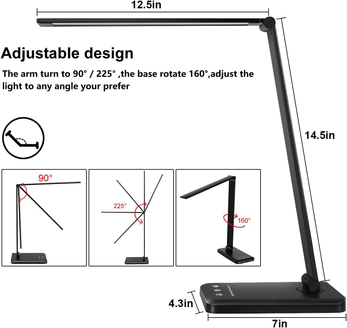WhiteCrown White crown LED Desk Lamp Dimmable Table Lamp Reading Lamp with USB Charging Port, 5 Lighting Modes, Sensitive Control, 30/60 Mi…