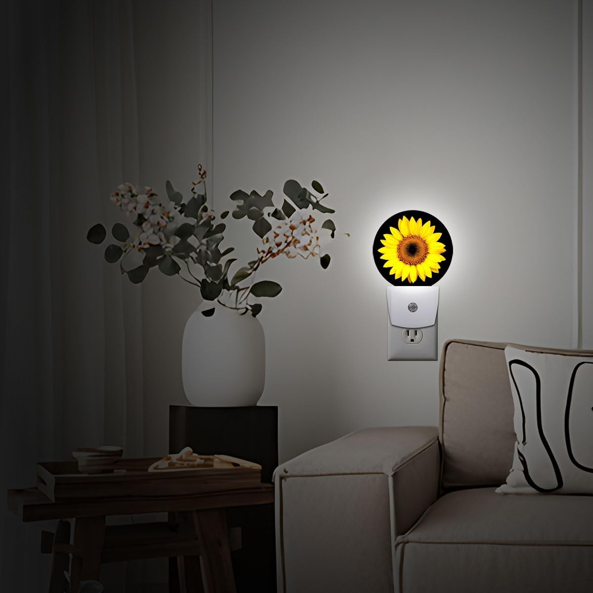 Yellow Sunflower Plug in Night Light Auto Light Round Lamps Energy Saving Gift for Women Men Friends