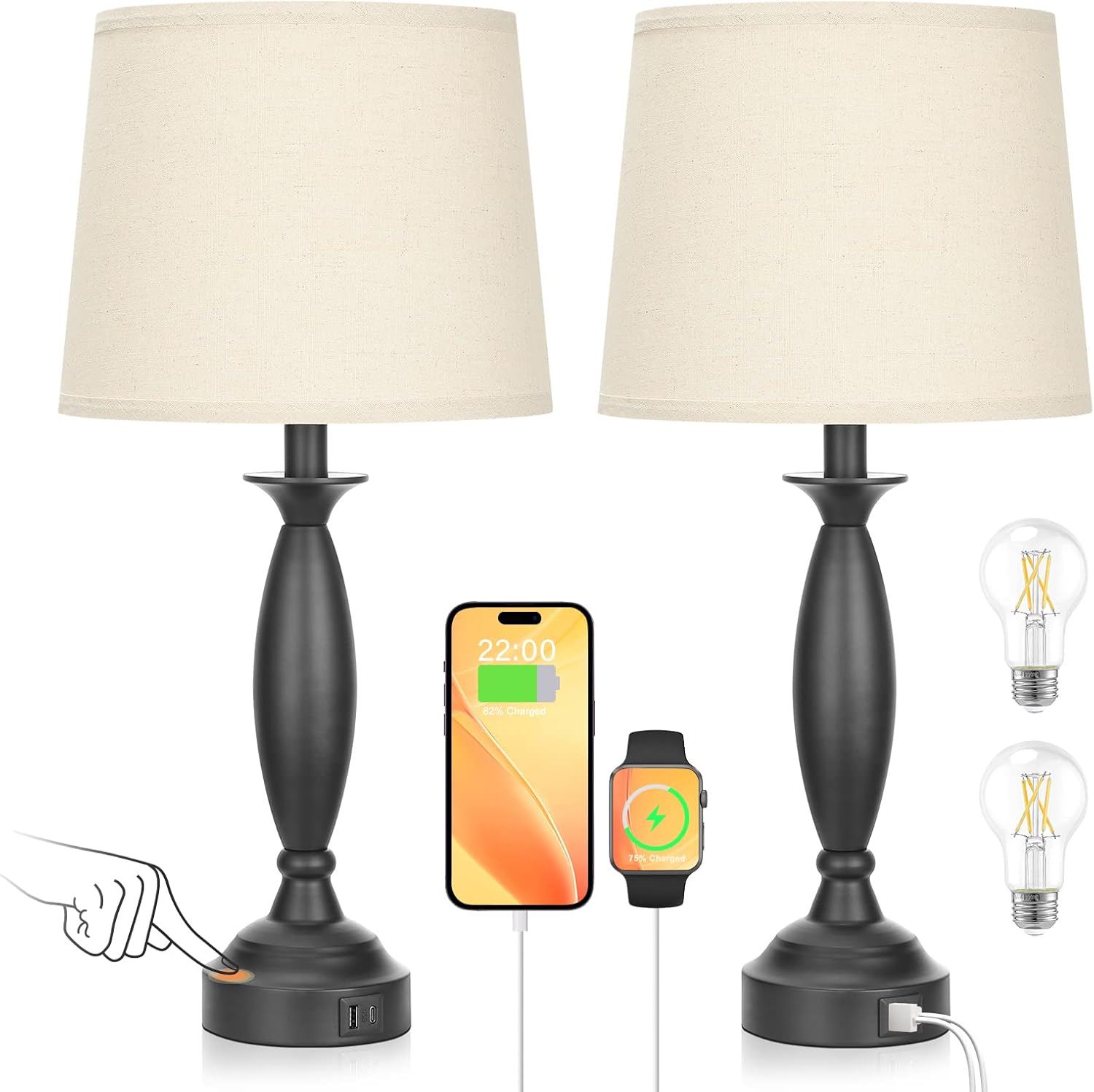 Seealle Beige Lamps for Bedrooms Set of 2 - Touch Control Bedside Lamp with USB C+A, 3 Way Dimmable Nightstand Lamps with USB Port, Table…
