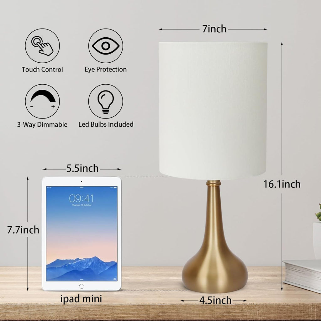 Set of 2 Bedside Touch Lamps, 16 Inch Dimmable Small Nightstand Lamp, Night Light Lamp Simple Touch Table Lamp with Brass Metal Base for…