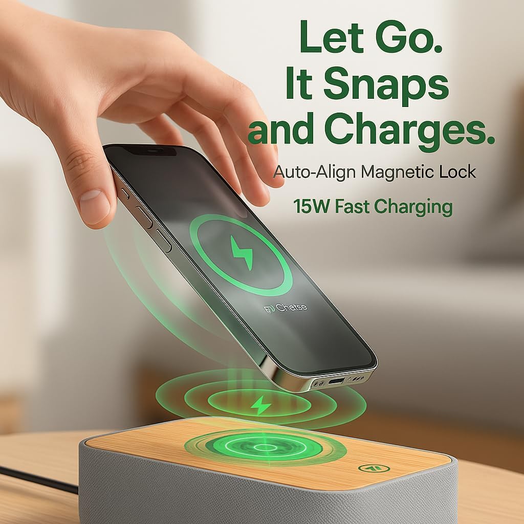 REACHER 15W Fast Magnetic Wireless Charging Alarm Clock with White Noise Machine, Woodgrain Style, 20 High‐Fidelity Sounds, Gradual Wake…