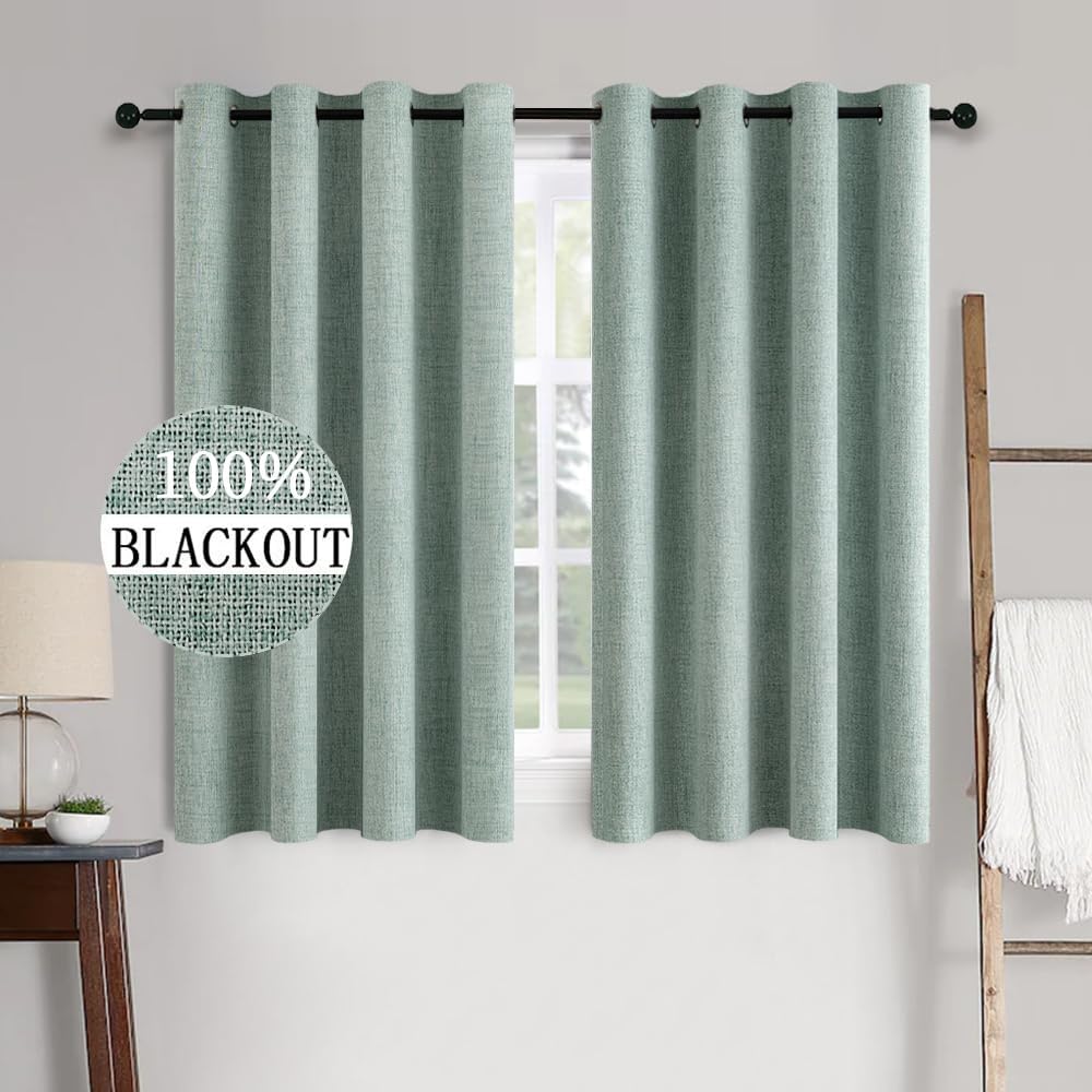 Miulee Linen Texture Curtains for Bedroom Solid 100% Blackout Thermal Insulated Seafoam Green Curtains Grommet Room Darkening Drapes for Li…