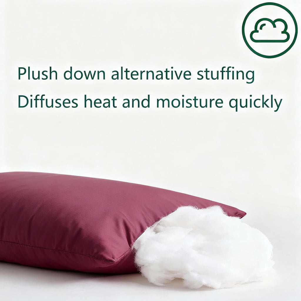 Flat Ultra Thin Bed Pillows Standard/Queen Size Pillow Set of 2 Extra Soft Down Alternative for Stomach Back Sleeper Burgundy
