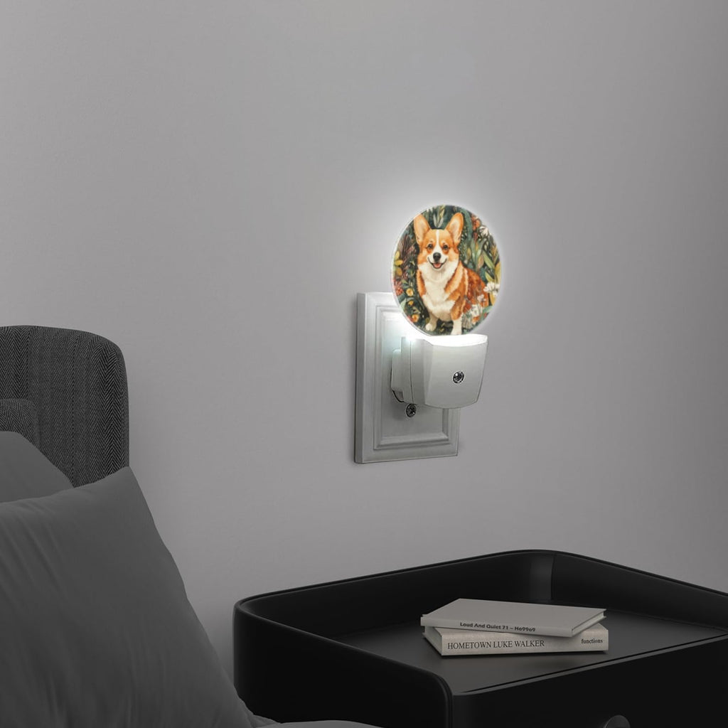 LED Night Lights Lamp with Dusk to Dawn Sensor, Lovely Smiling Corgi in The Flowers Night Light Plug Into Wall for Kids Room, Bedroom…