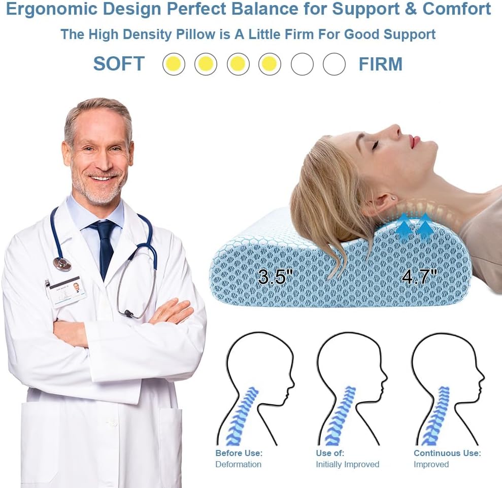 AnvoHome Anvo Memory Foam Pillow, Neck Contour Cervical Orthopedic Bed Pillow for Sleeping Side Back Stomach Sleeper, Ergonomic Design for…
