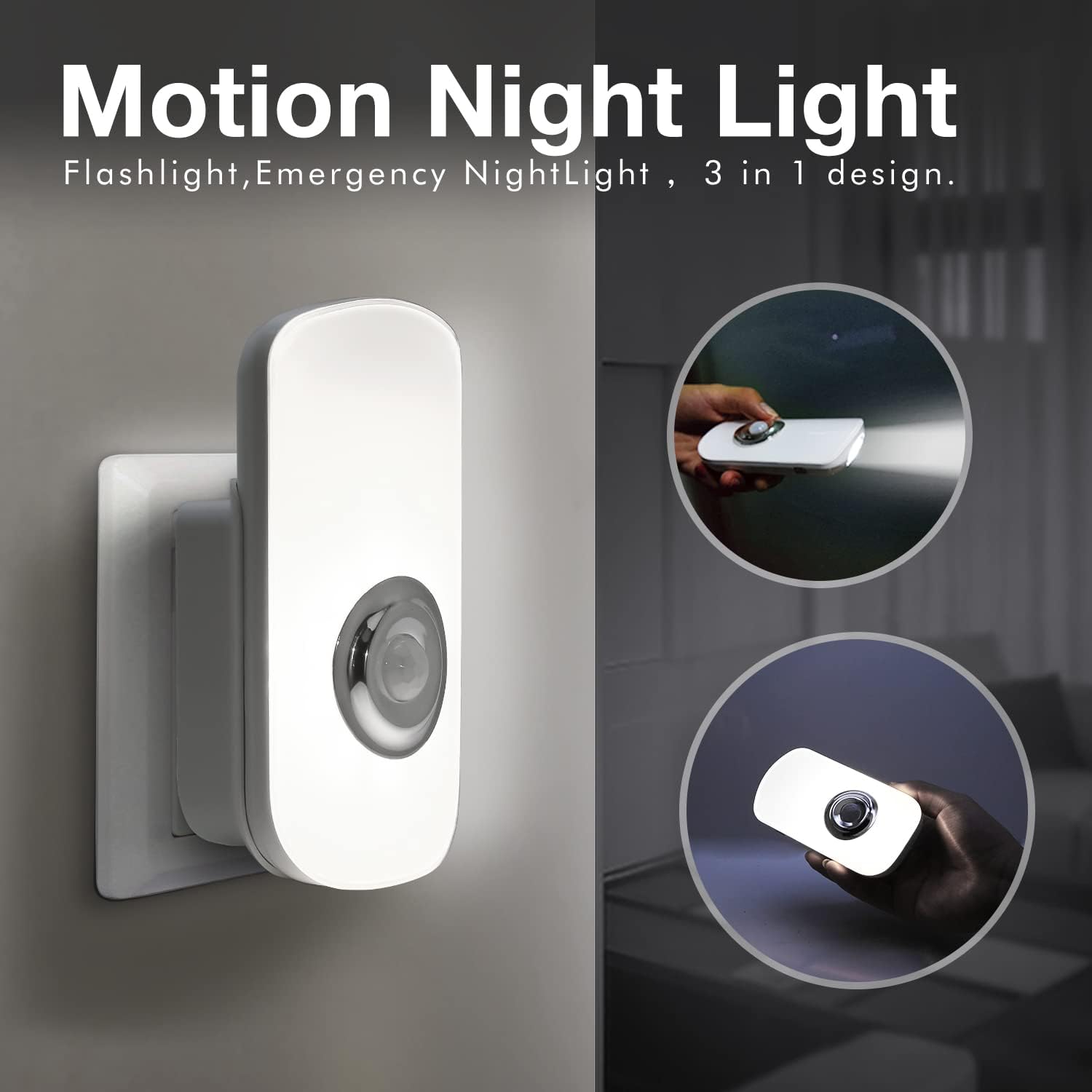 Sensky 3-in-1 Motion Sensor Night Light Plug in, Rechargeable Flashlight, Emergency Light for Bedroom, Bathroom, Living Room, Stairways…