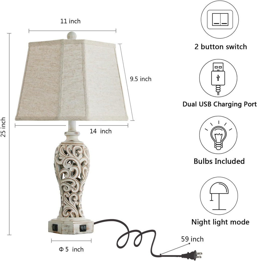 25'' Farmhouse Table Lamp for Living Room Bedroom, 2 USB Ports Vintage Rustic Nightstand Desk Lamp with Nightlight, White Hollow Out…