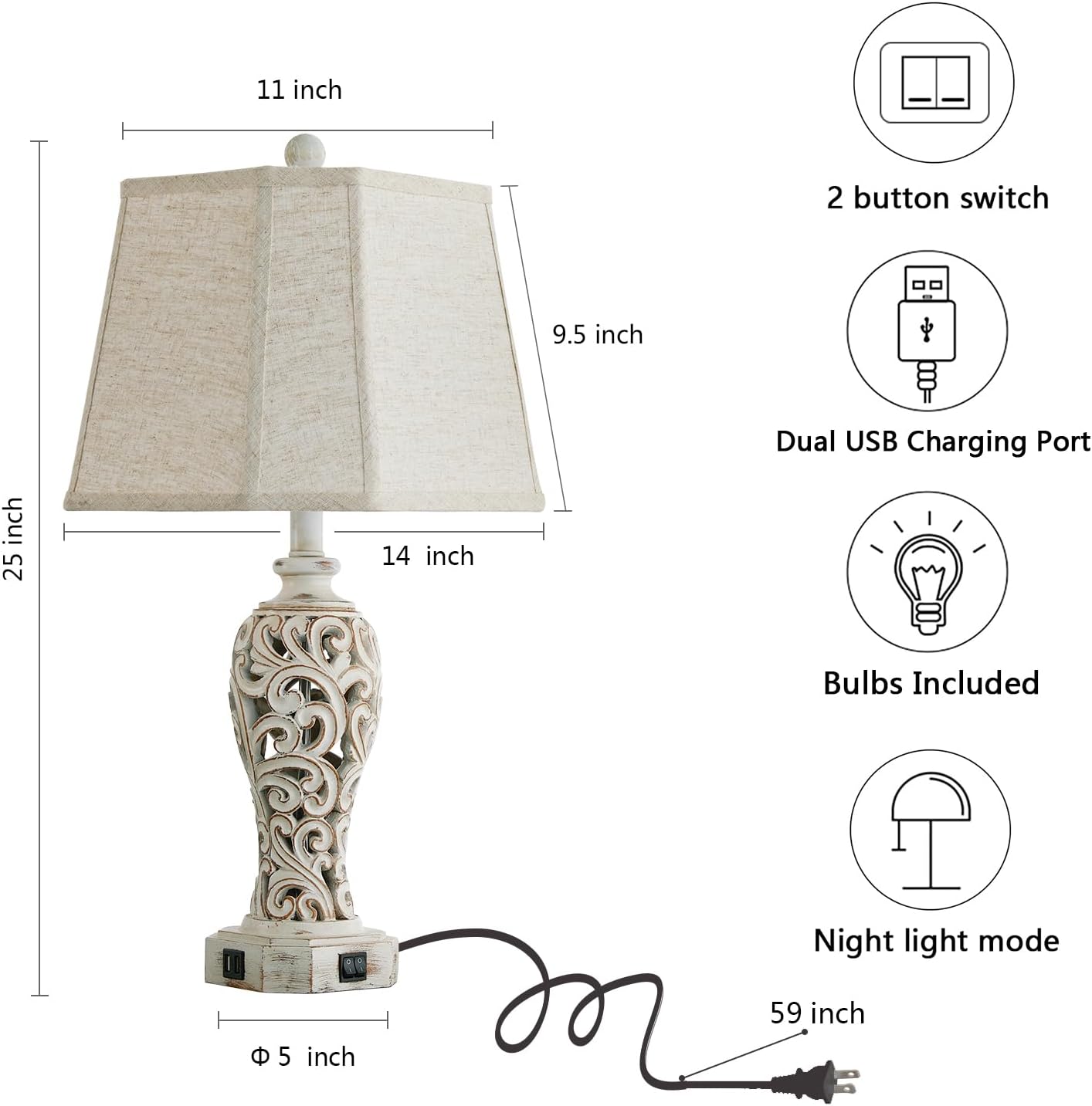 25'' Farmhouse Table Lamp for Living Room Bedroom, 2 USB Ports Vintage Rustic Nightstand Desk Lamp with Nightlight, White Hollow Out…