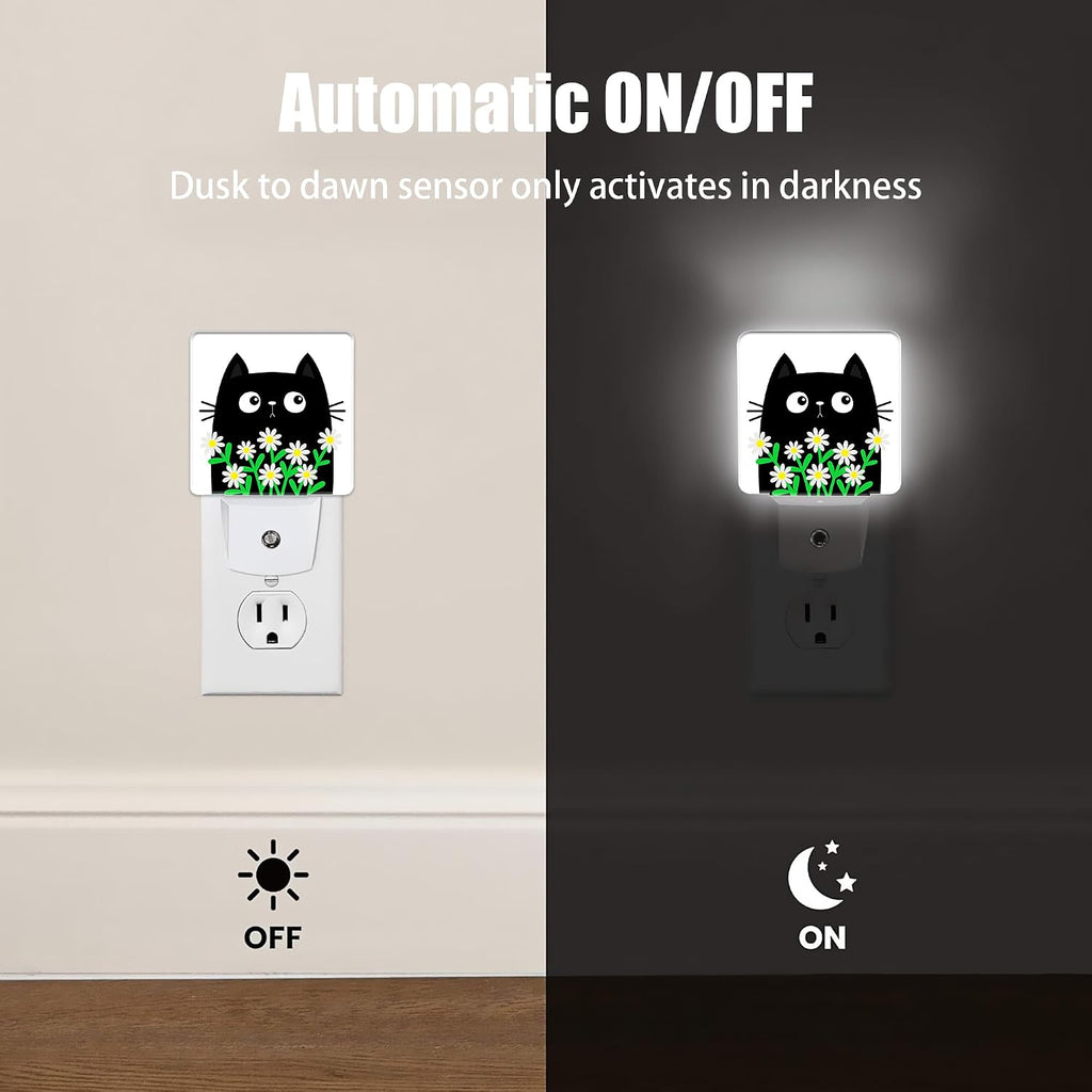 Cat Kitten Daisy Night Light, Camomile Bouquet Plug into Wall with Dusk to Dawn Light Sensors, Warm Nightlights for Bedroom, Bathroom…
