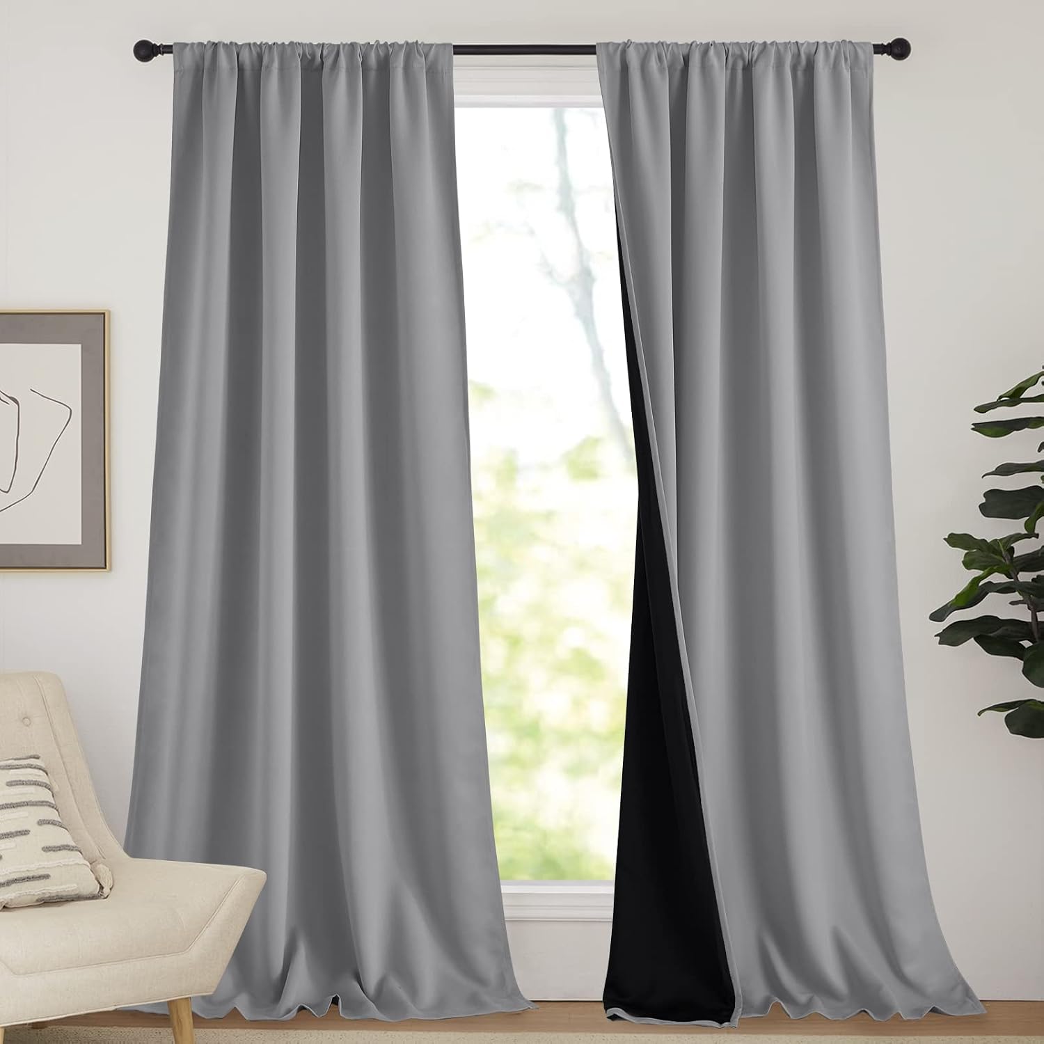 Nicetown Total Shade Curtains and Draperies, Silver Grey Blackout Bedroom Curtains, Heavy-Duty Rod Pocket Drapes with Black Liner Backing f…