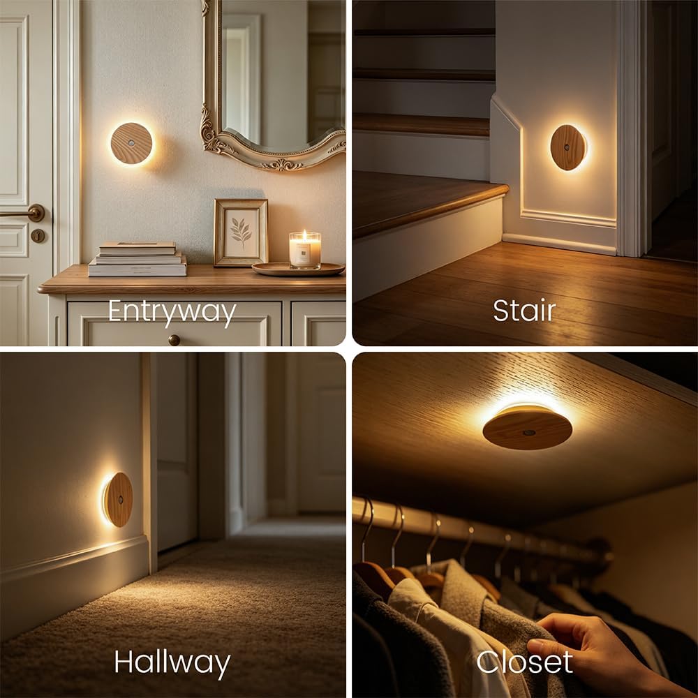 Motion Sensor Night Light Wood, Rechargeable Battery-Powered Magnetic Stick-On Night Light Wall Light for Indoor Stairs, Hallway, and…