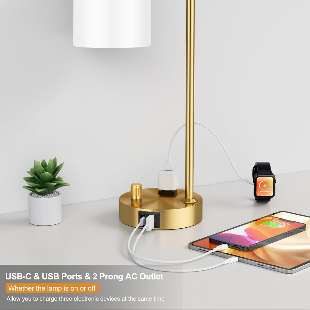 Innqoo Gold Lamp for Bedroom - Industrial Bedside Table Lamp with USB Port and Outlet, Fully Dimmable Nightstand Lamp with Opal Glass…