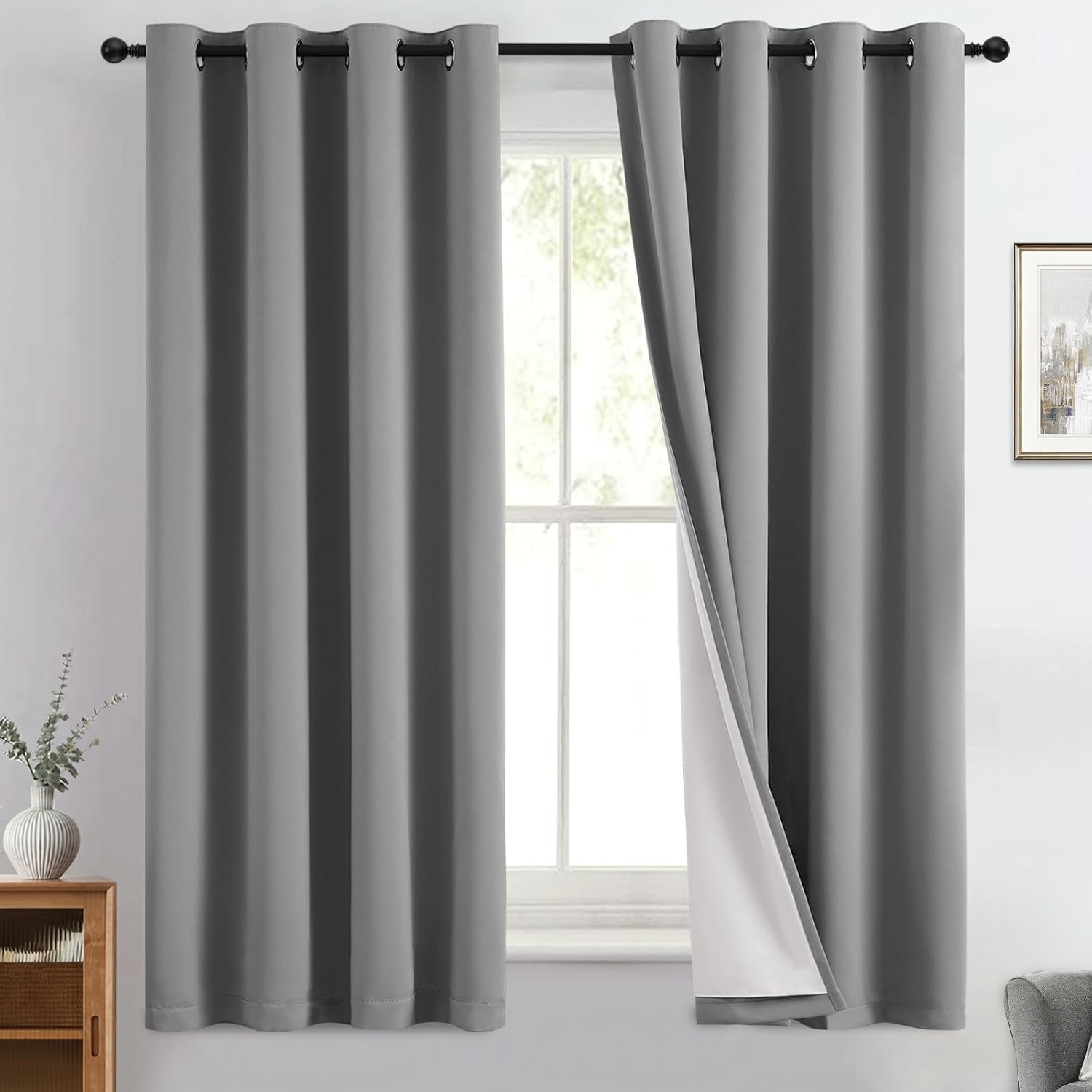 Yakamok 100% Blackout Curtain Panels 63 inches Cold and Light Blocking Drapes for Nursery, 2 Thick Layers Thermal Insulated Draperies (2 Pi…