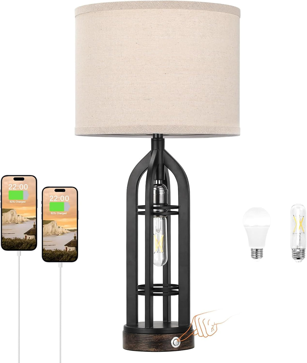Seealle Table Lamps for Living Room - Black Bedside Lamp for Bedroom with USB C+A & Outlet, Farmhouse Lamps for Night Stands, 3-Way…