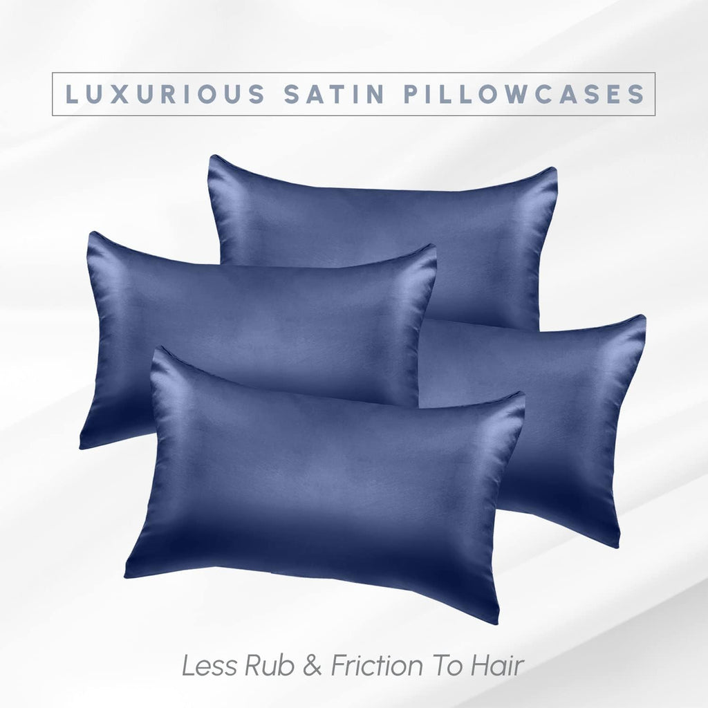 Elegantcomfort Elegant Comfort 4-Pack Navy Blue King Satin Pillowcase Set with Hidden Zipper Closure, 20" x 40" Blue