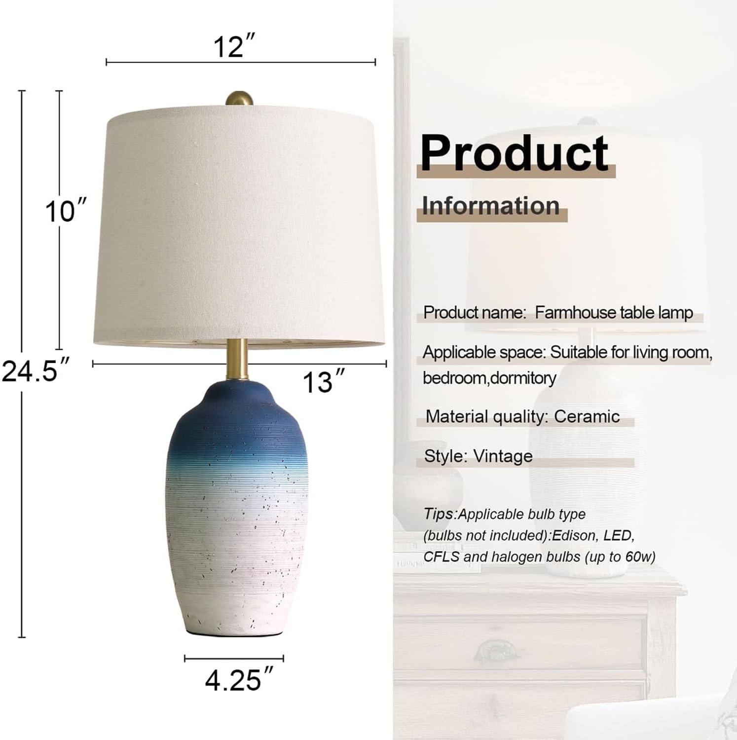 USumkky 24.5" Vintage Ceramic Table Lamp with 5FT Cord - Single Farmhouse Rustic Bedside Lamp with Natural Textured Finish, Nightstand…