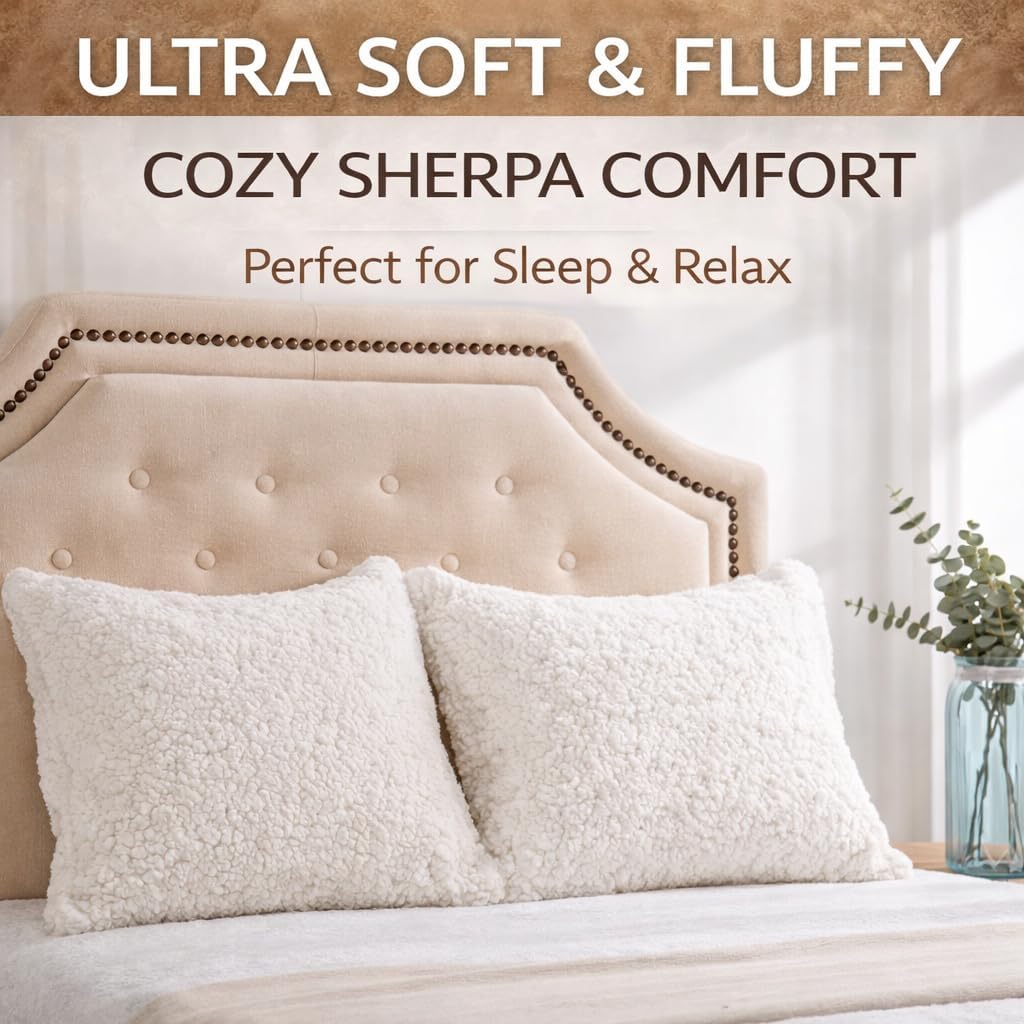 Reafort Ultra Soft Sherpa Pillowcases Set of 2 – Fluffy Cozy Fleece Standard 20" x 26", Warm Plush Covers with Smooth Zipper, Machine Washa…