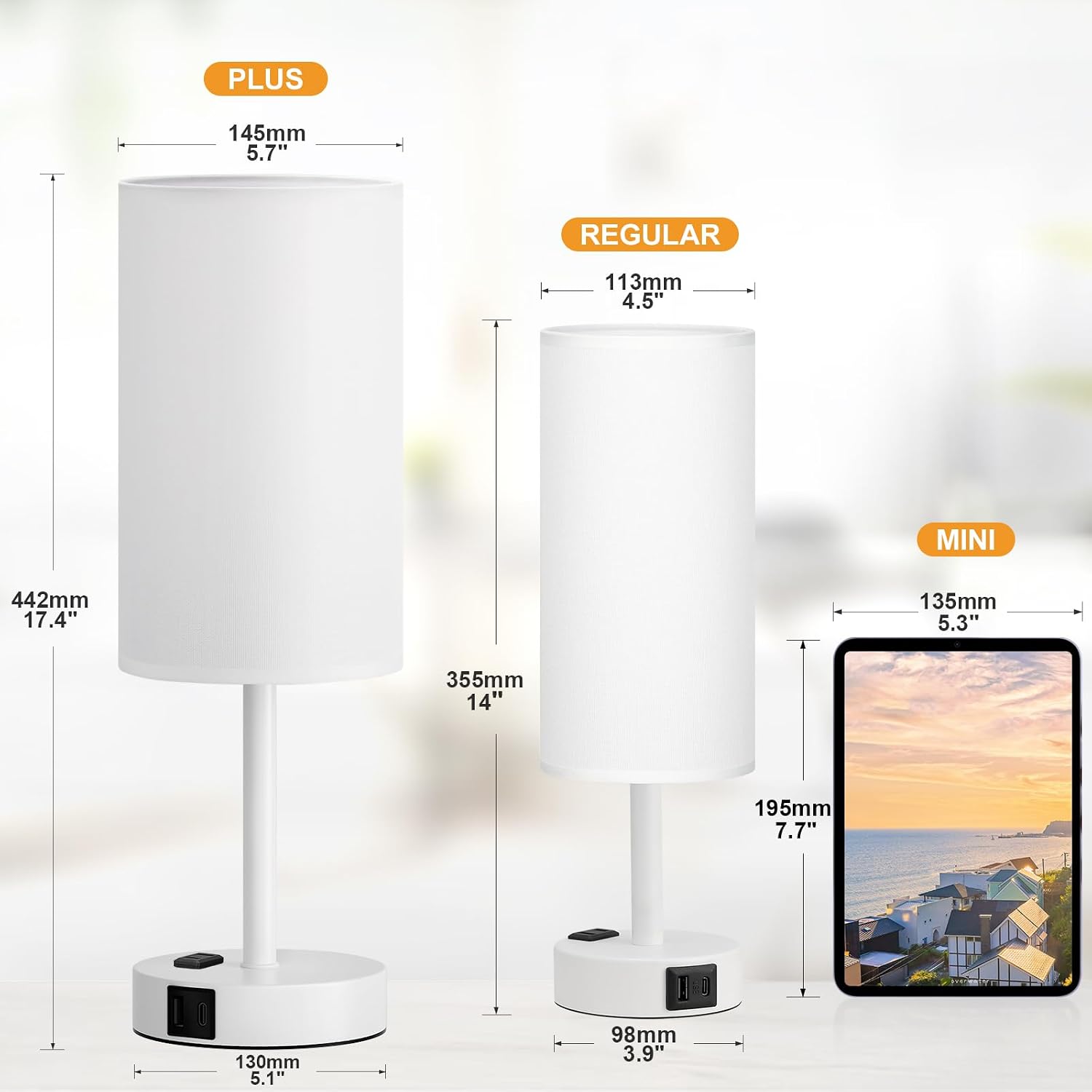 Fenmzee White Nightstand Bedroom Lamp - 3 Way Dimmable Bedside Lamp USB C A Charging Ports and AC Outlet, Small Table Lamp Linen…