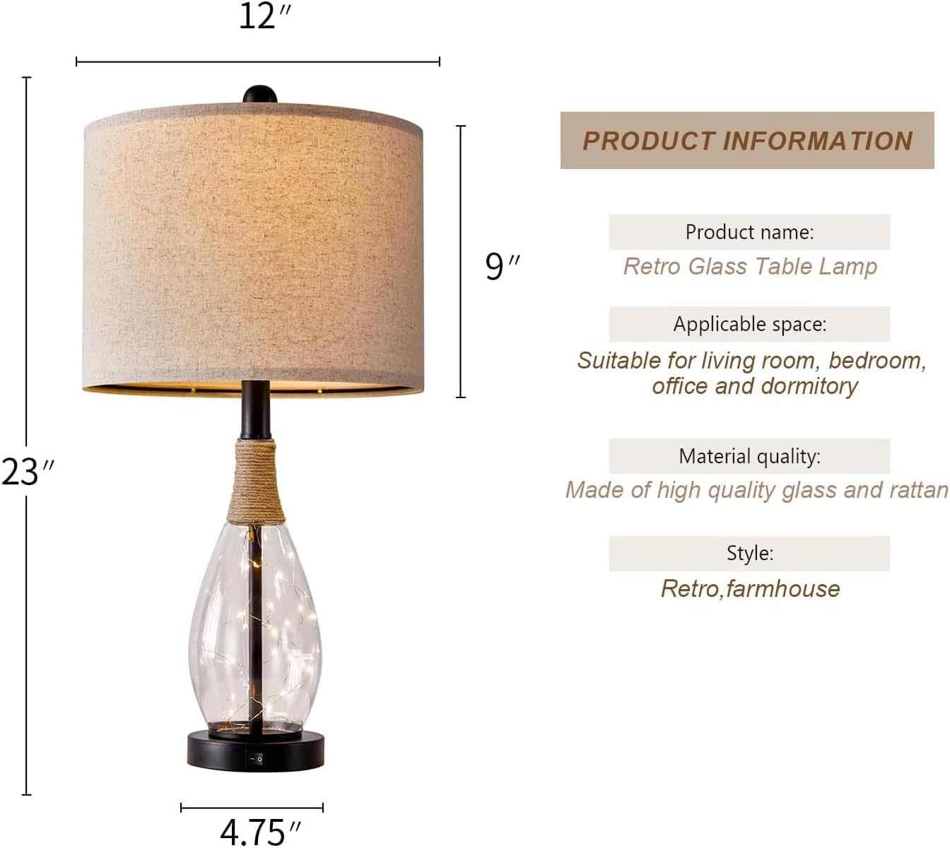 OYEARS Bedside Table Lamp with USB, 23‘’ Black Modern Nightstand Lamps for Bedroom, Retro Rattan Table Lamps for Night Stands, Living…