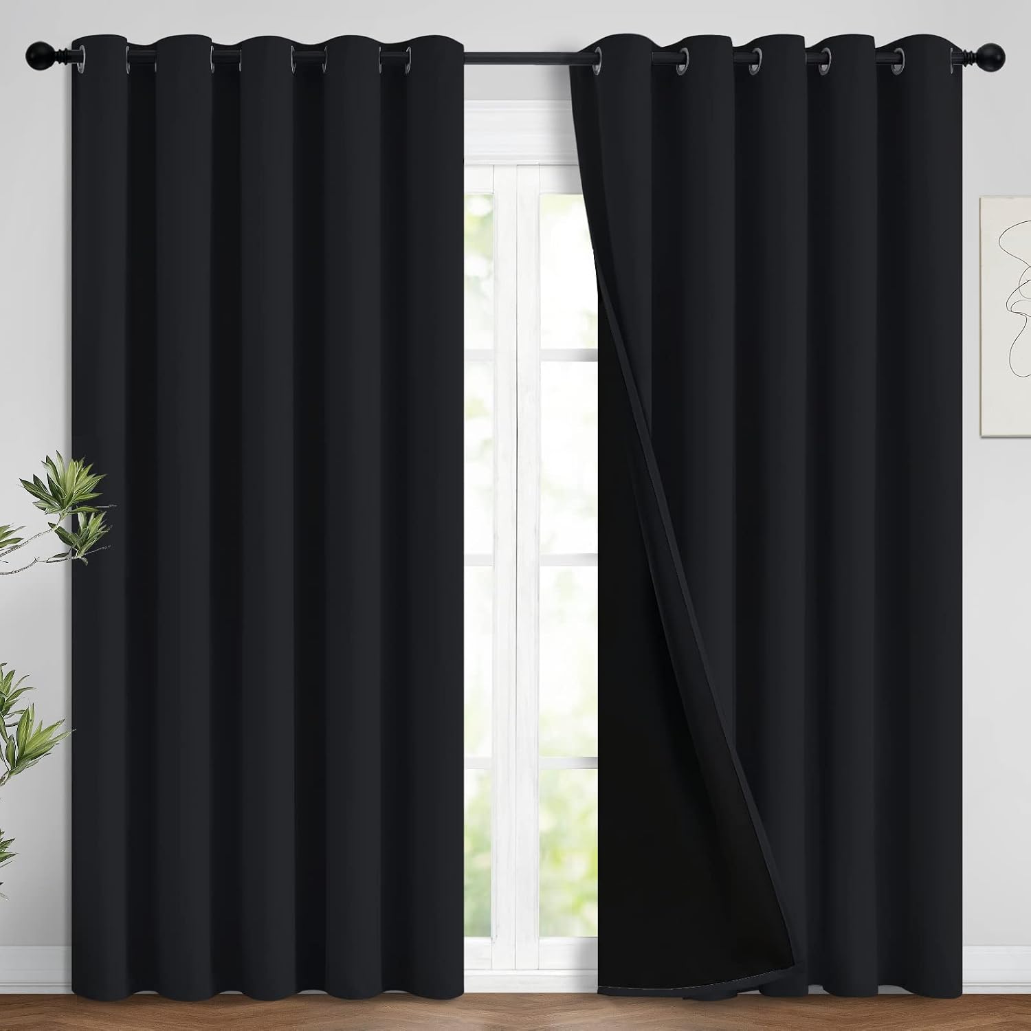 Yakamok 100% Blackout Curtains for Bedroom, 2 Thick Layers Thermal Insulated Grommet Total Blackout Drapes with Black Liner for Living Room…